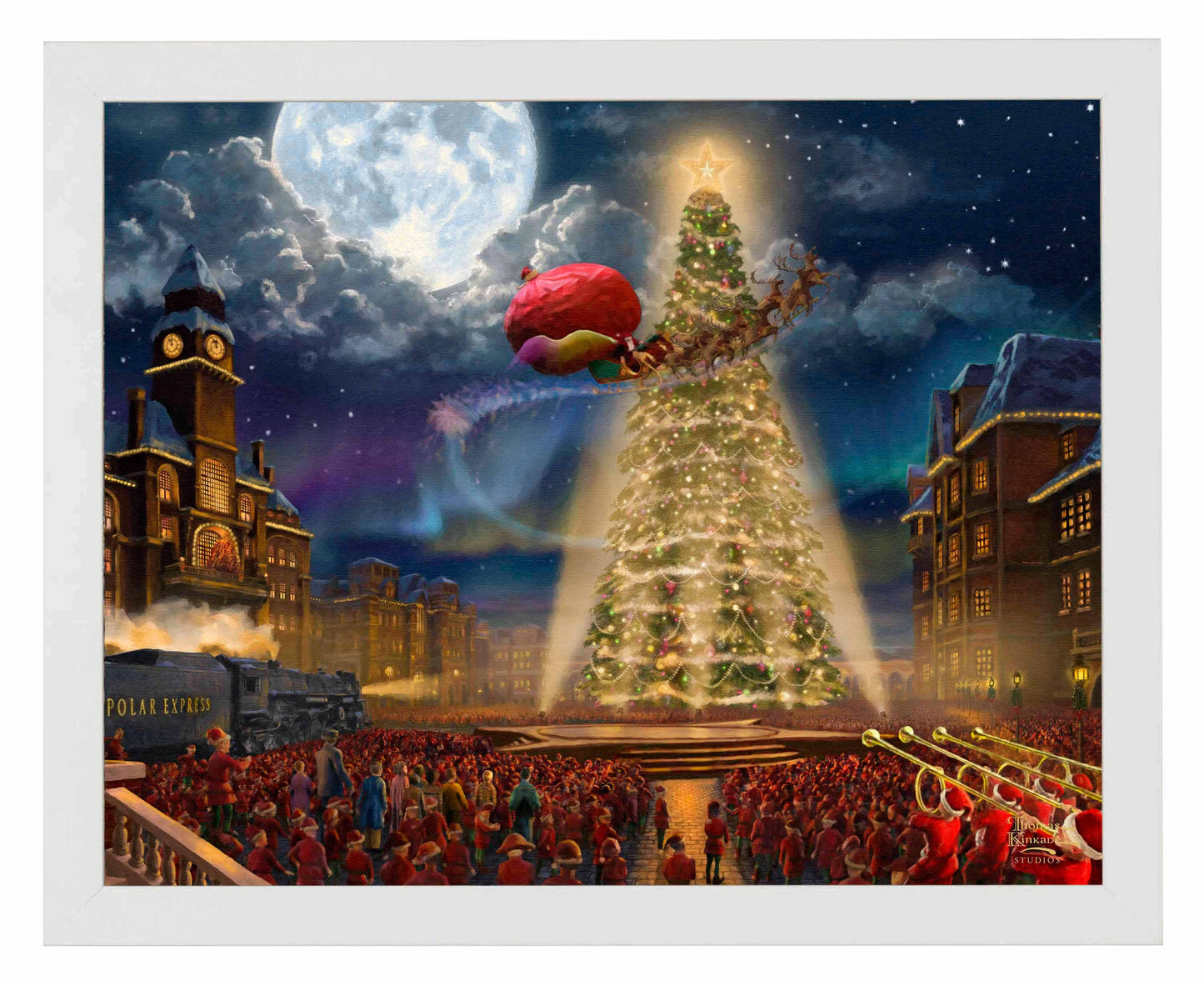 Framed painting of huge christmas tree with people watching it