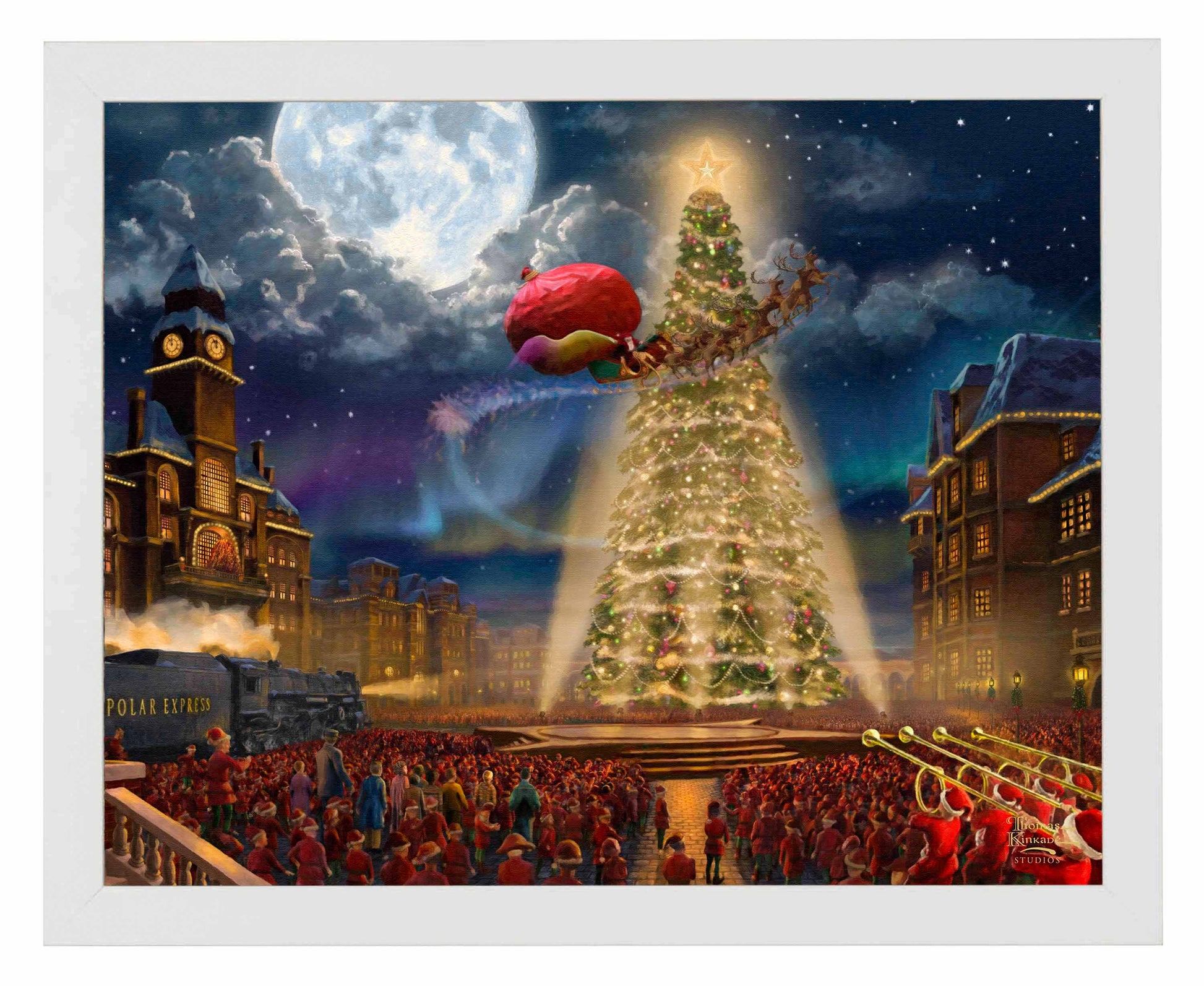 Framed painting of huge christmas tree with people watching it