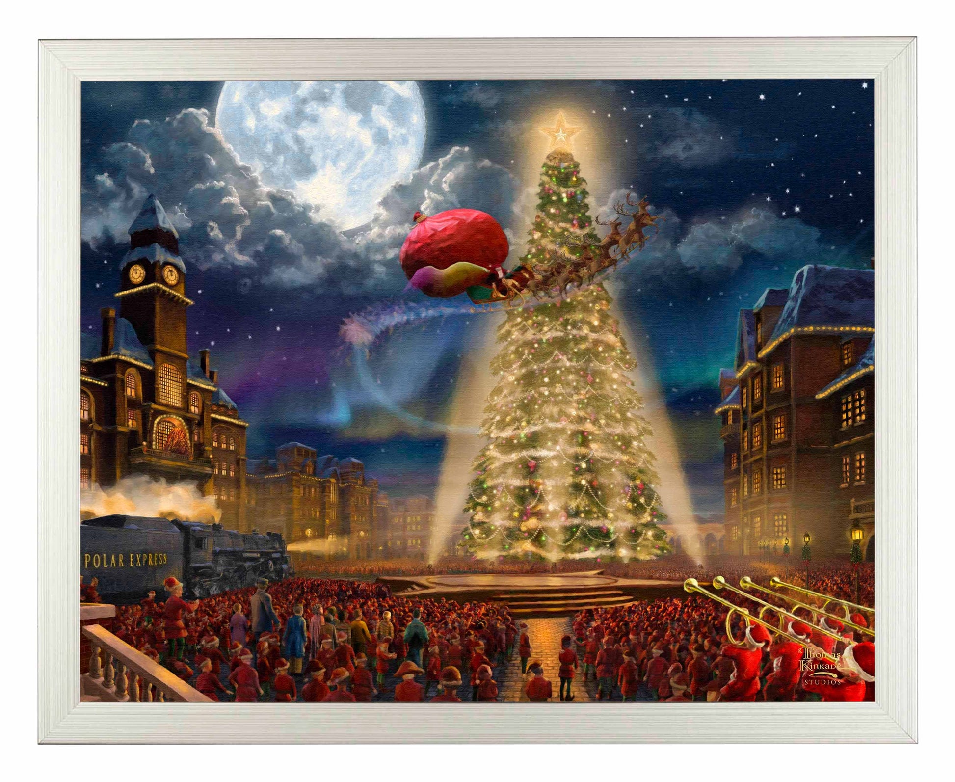Framed painting of huge christmas tree with people watching it