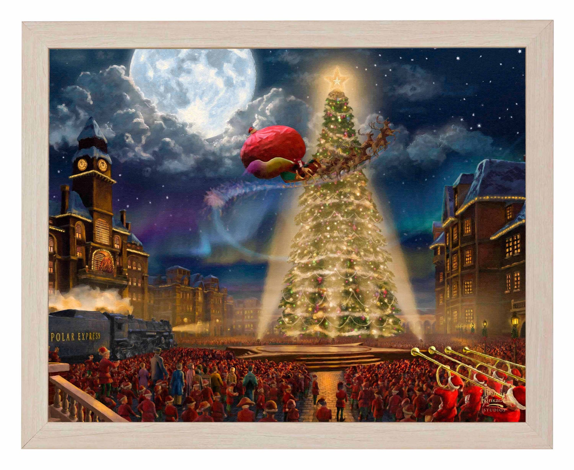 Framed painting of huge christmas tree with people watching it
