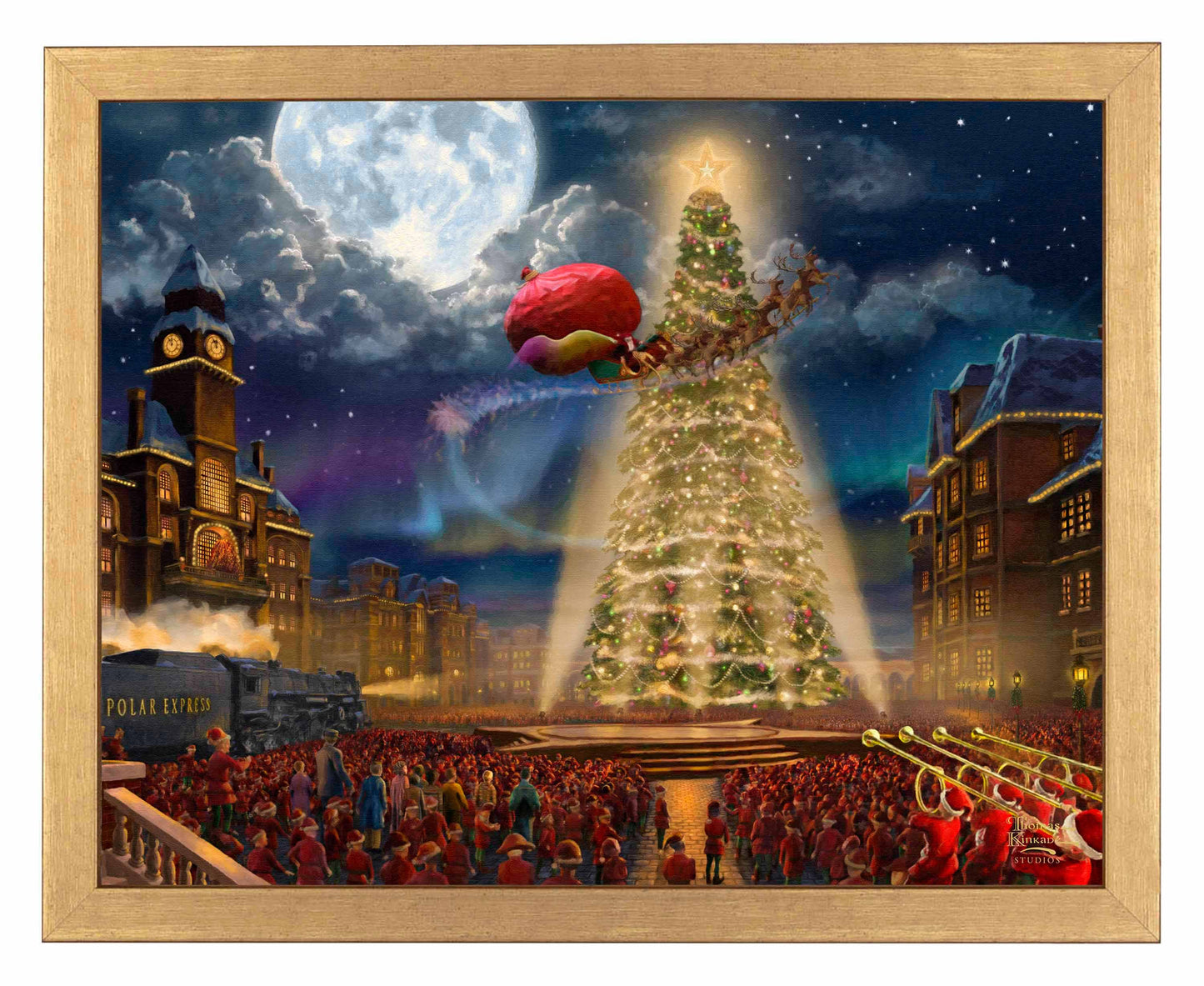Framed painting of huge christmas tree with people watching it