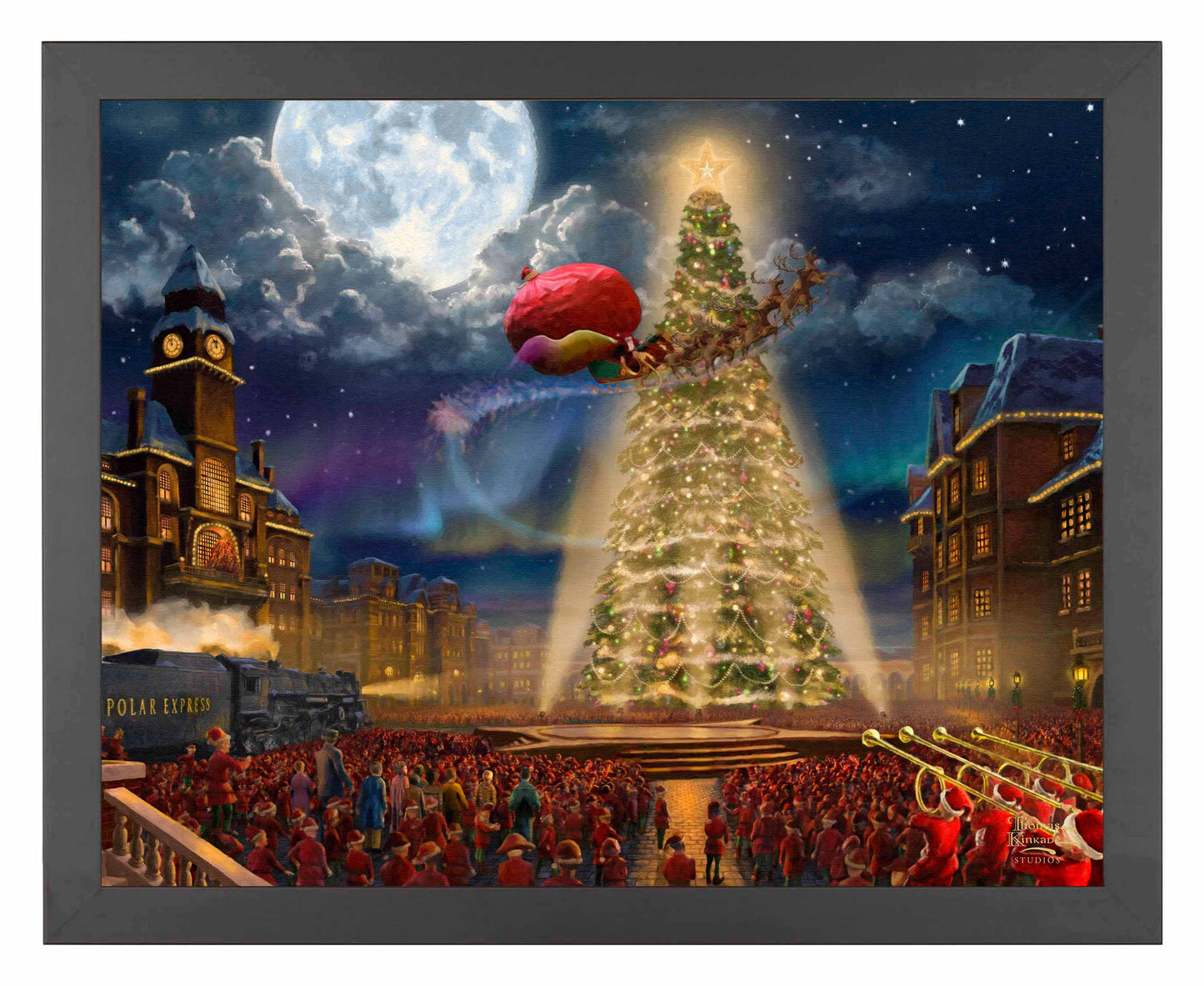 Framed painting of huge christmas tree with people watching it