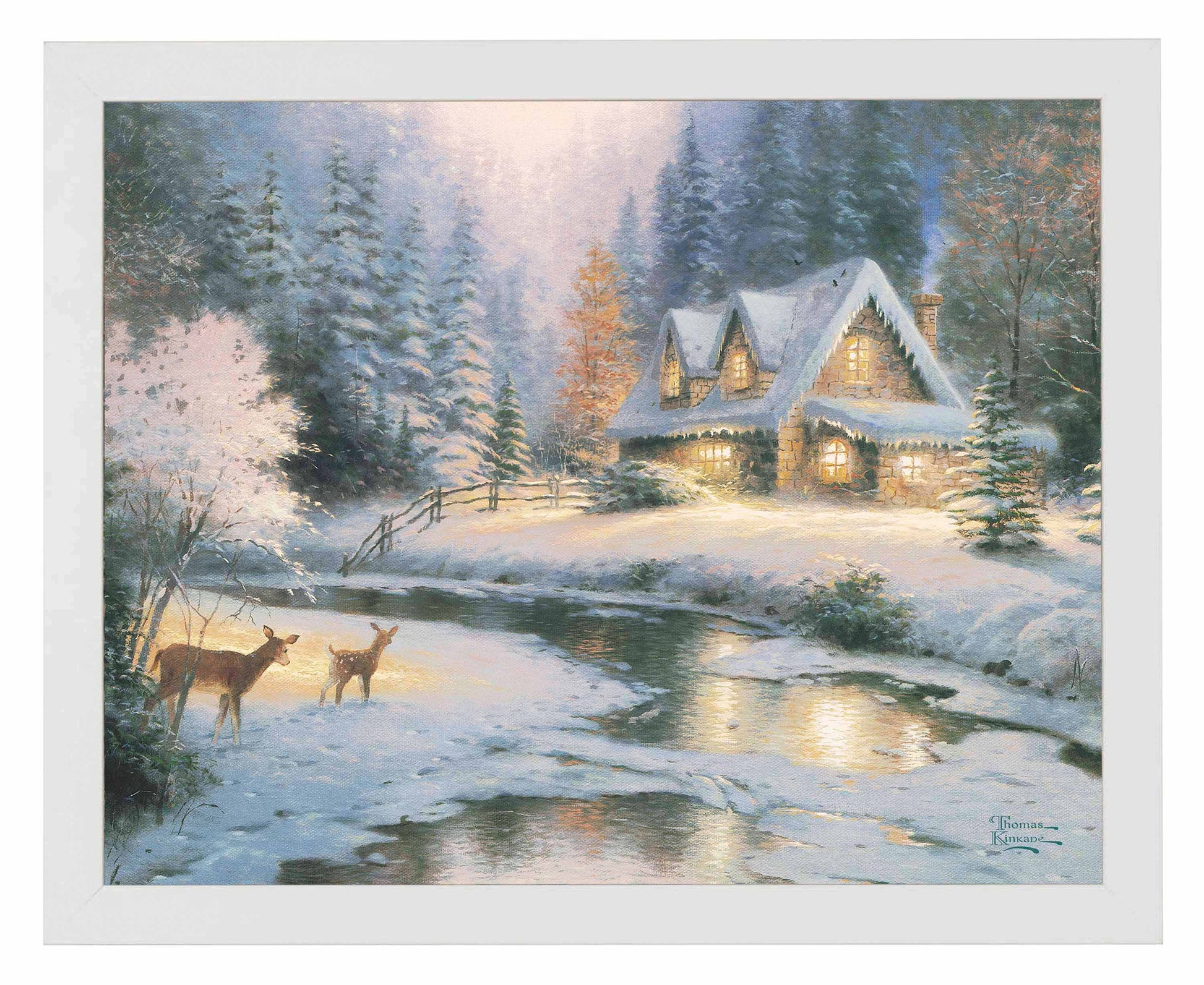 Framed painting of snowy cottage by the lake with deer around