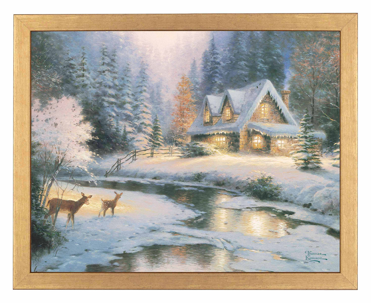 Framed painting of snowy cottage by the lake with deer around