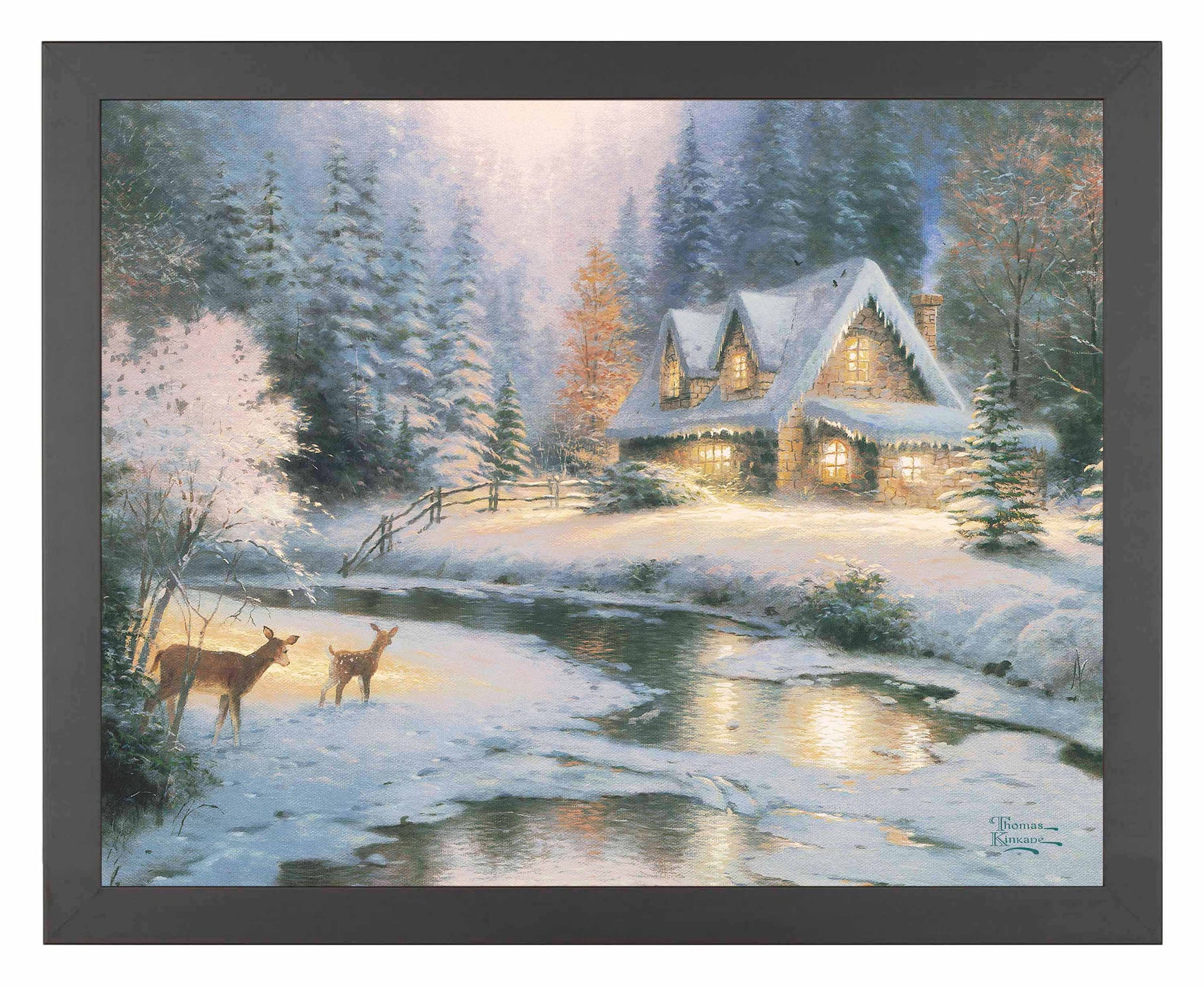 Framed painting of snowy cottage by the lake with deer around
