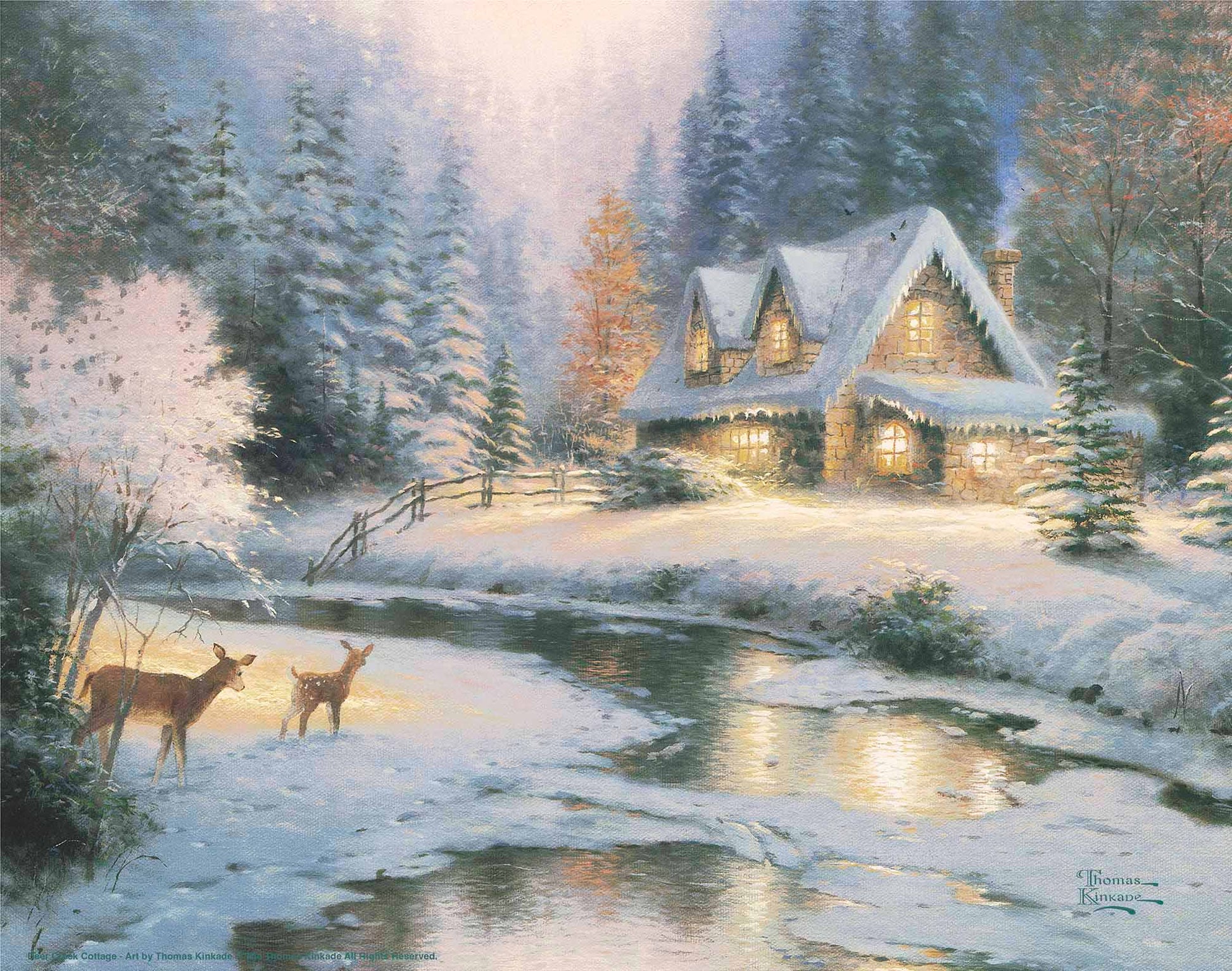 Painting of snowy cottage by the lake with deer around