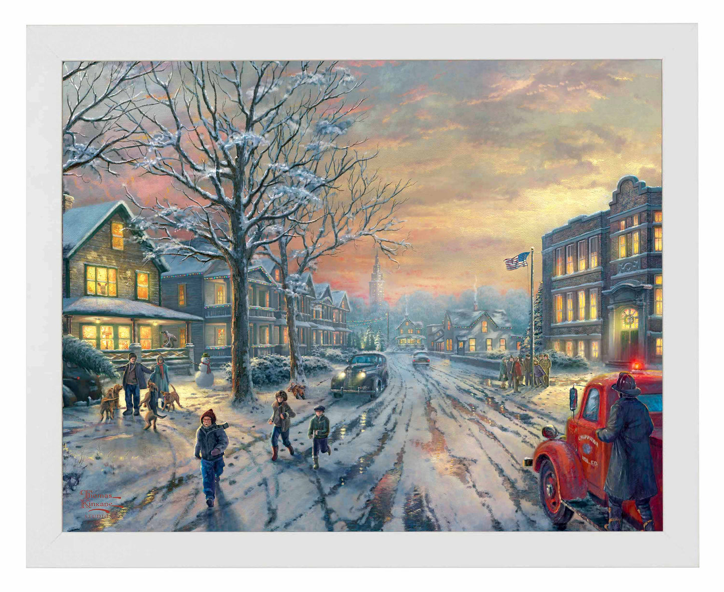 Framed painting of Christmas city with houses, cars and people around
