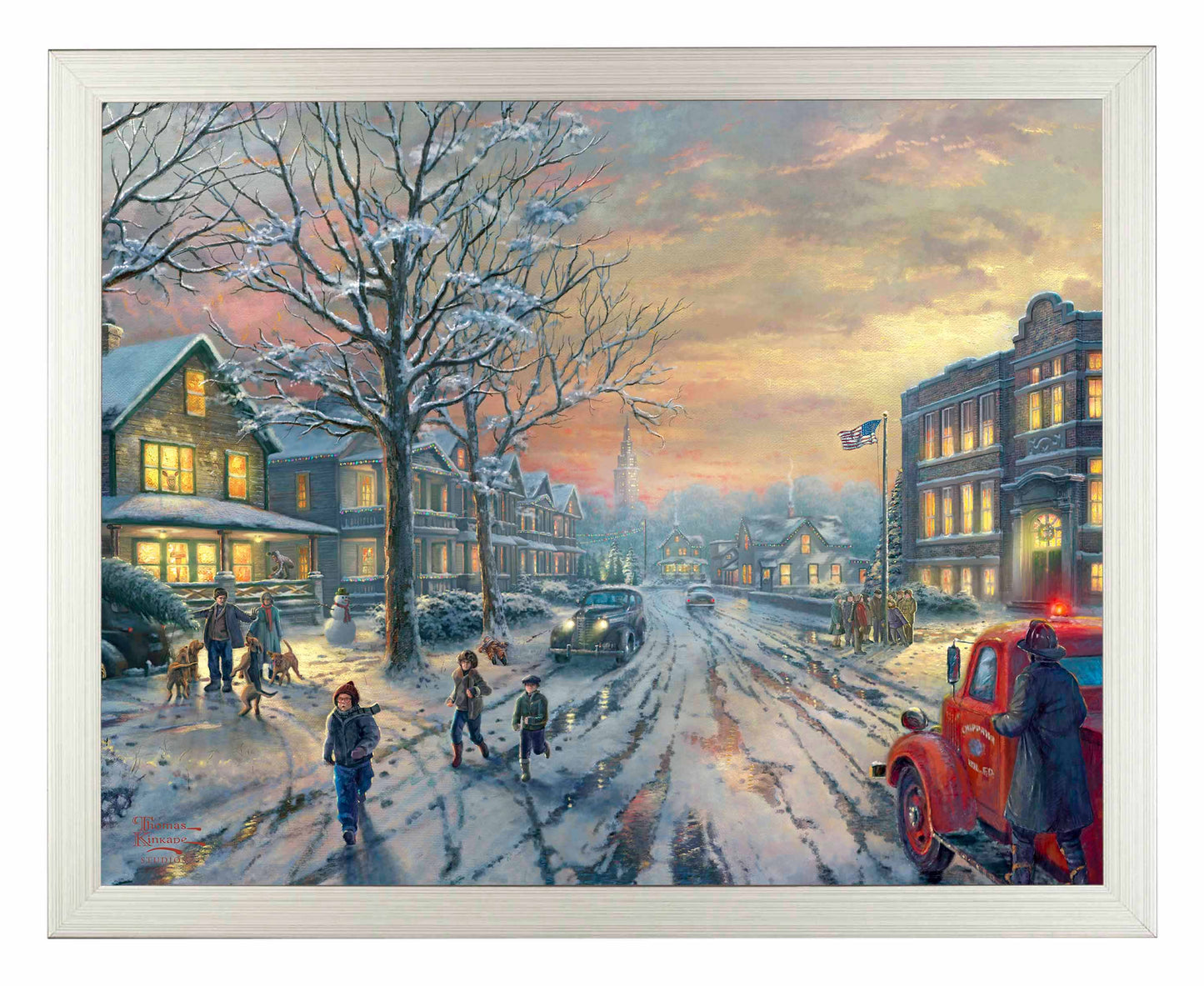 Framed painting of Christmas city with houses, cars and people around