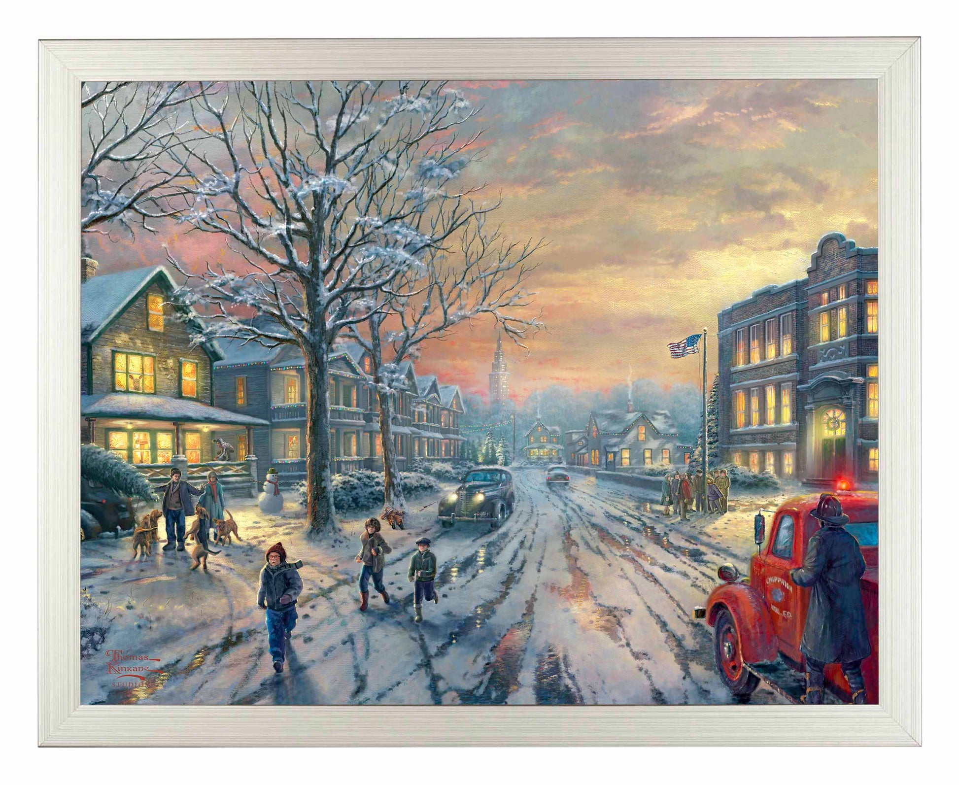 Framed painting of Christmas city with houses, cars and people around