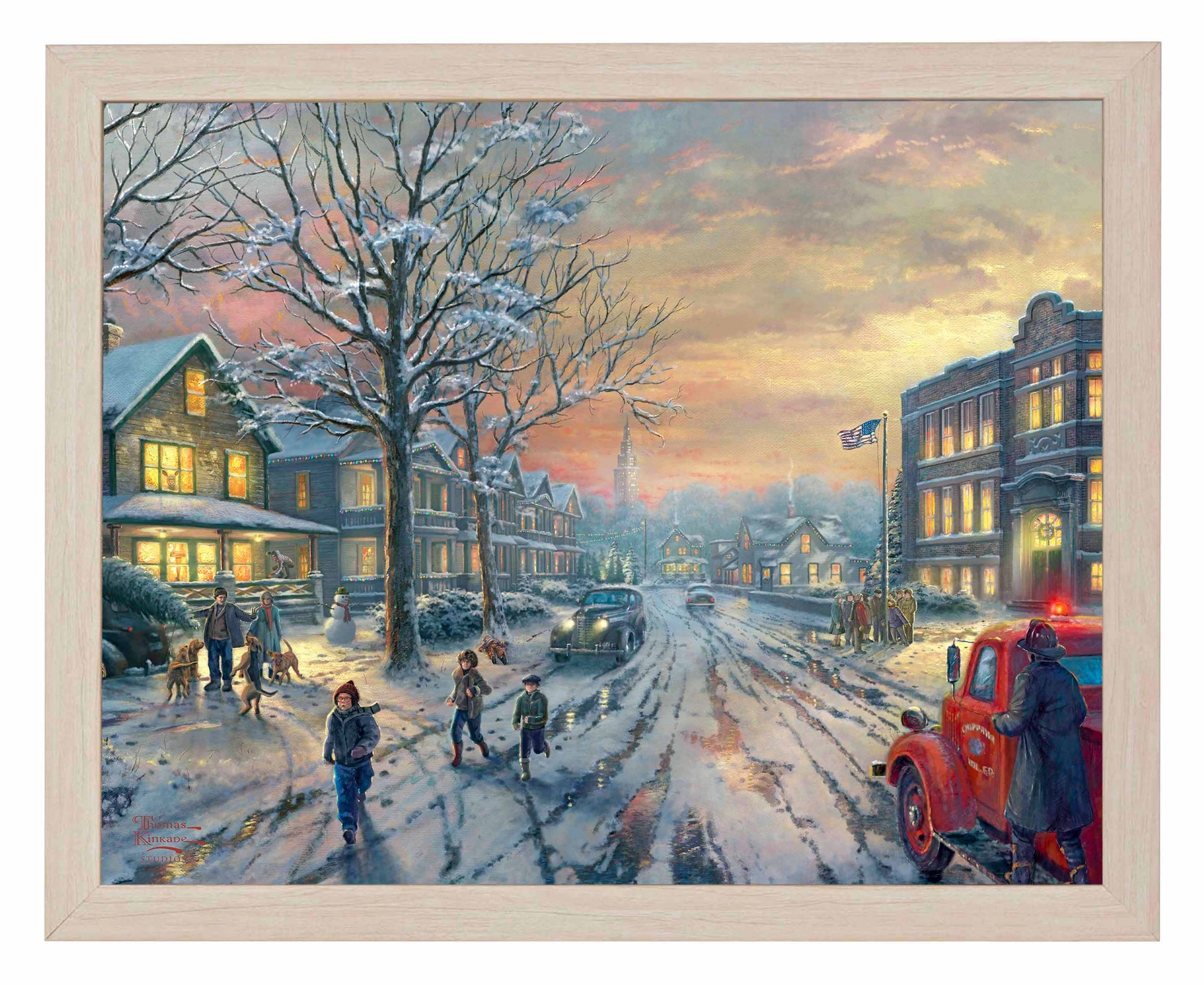 Framed painting of Christmas city with houses, cars and people around