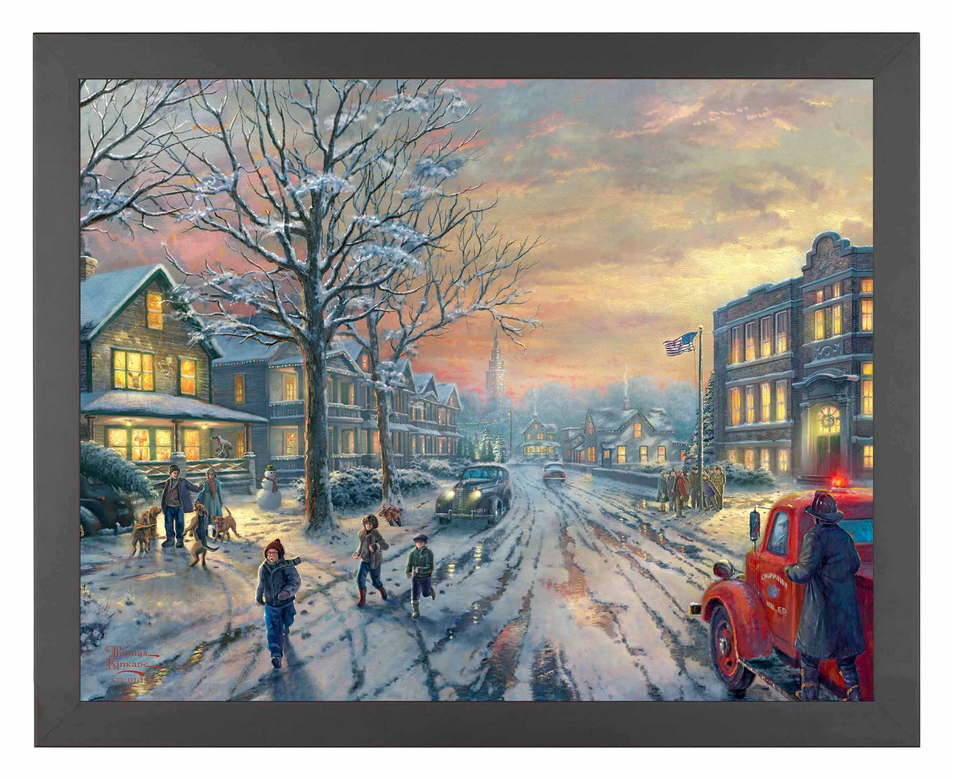 Framed painting of Christmas city with houses, cars and people around