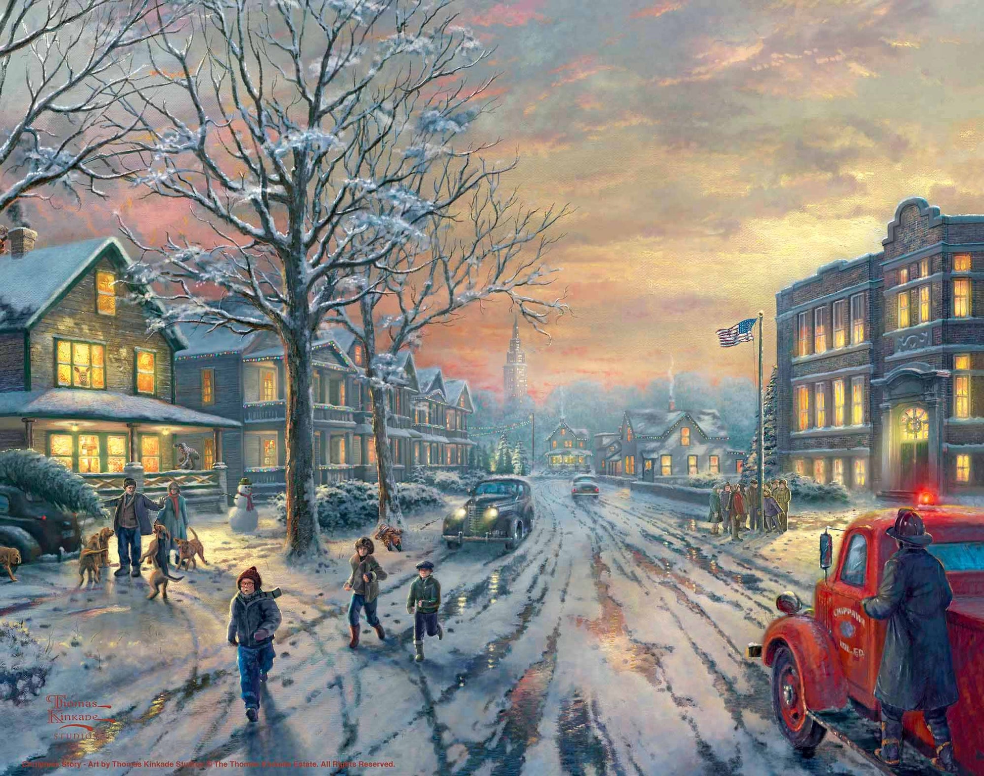 Painting of Christmas city with houses, cars and people around