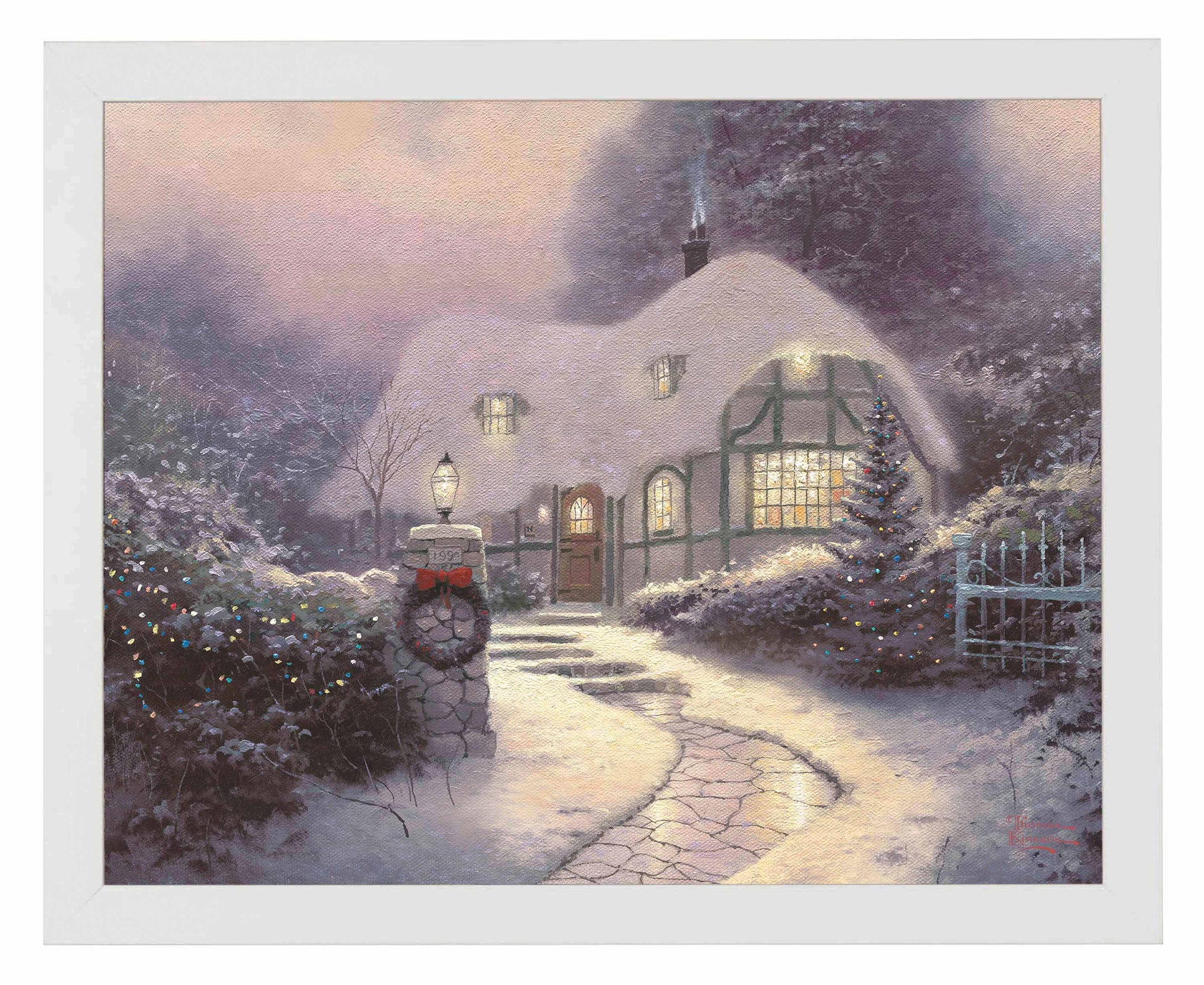 Framed painting of Christmas cottage with trees
