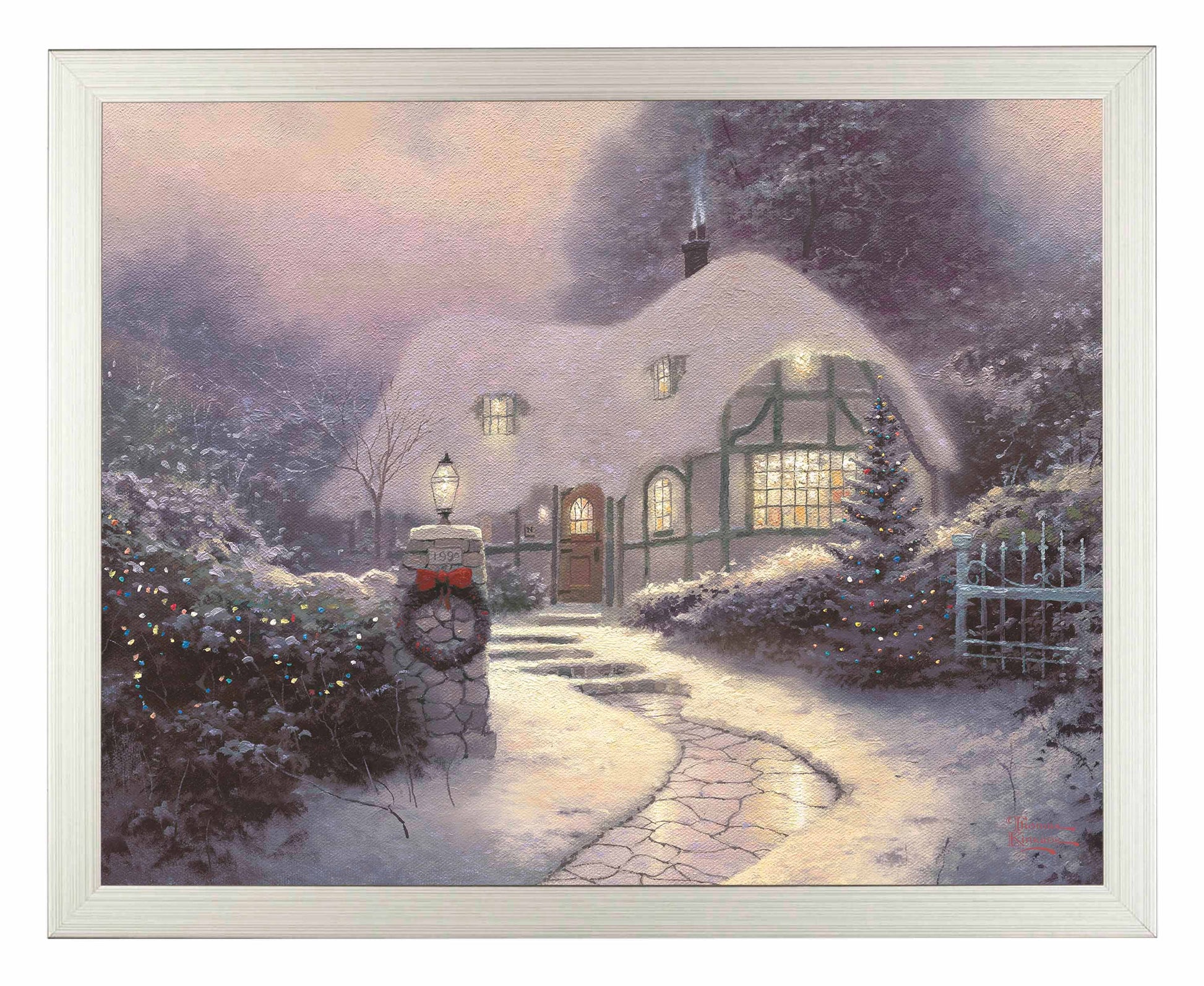 Framed painting of Christmas cottage with trees