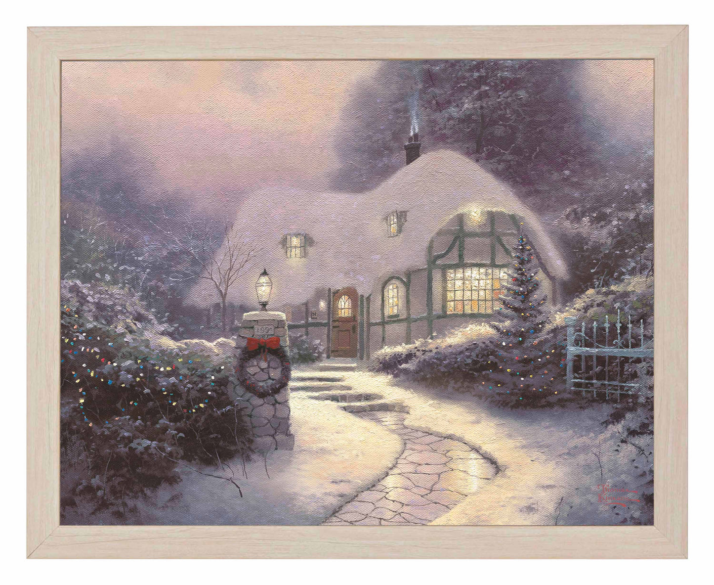 Framed painting of Christmas cottage with trees