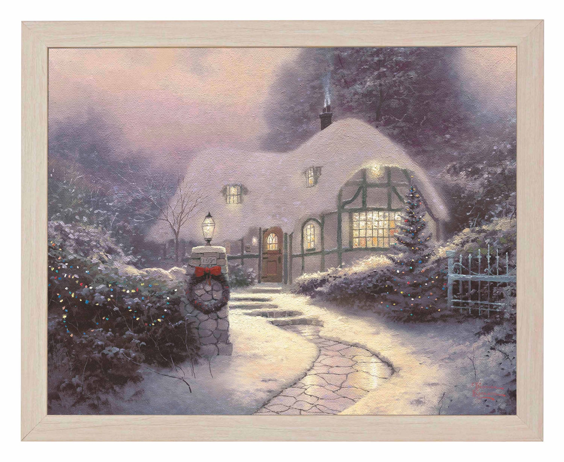 Framed painting of Christmas cottage with trees