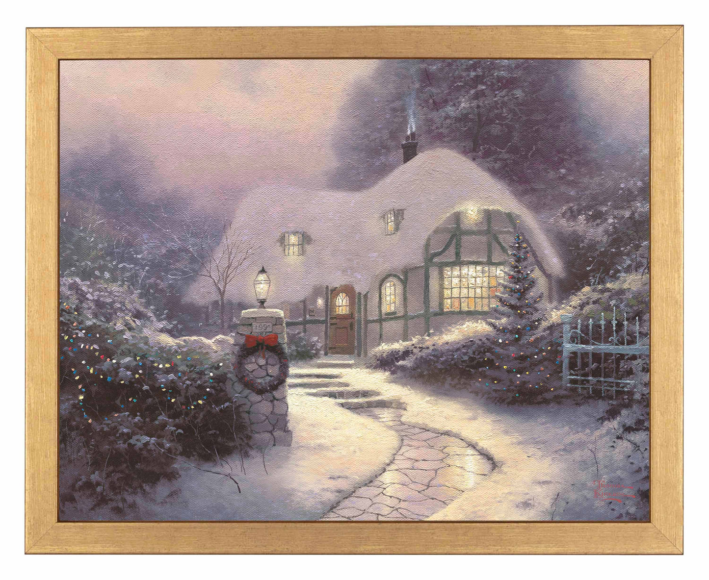 Framed painting of Christmas cottage with trees