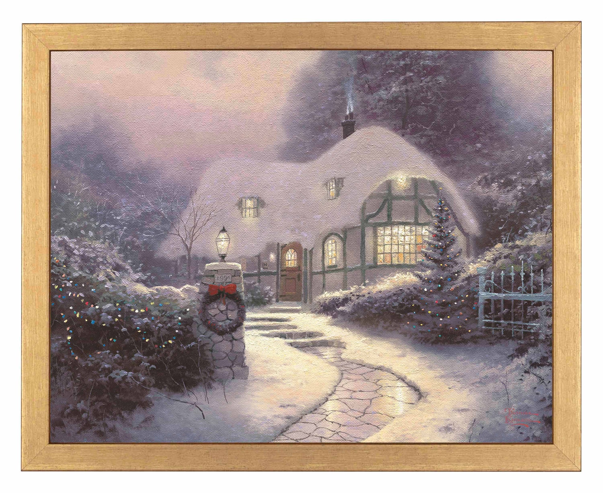 Framed painting of Christmas cottage with trees