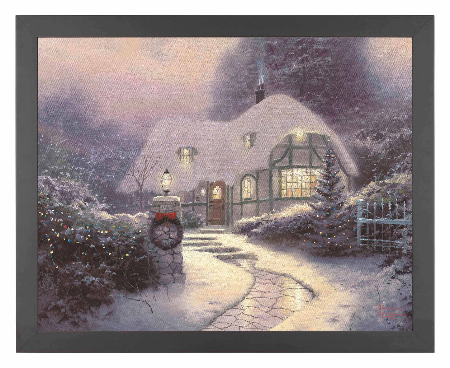Framed painting of Christmas cottage with trees