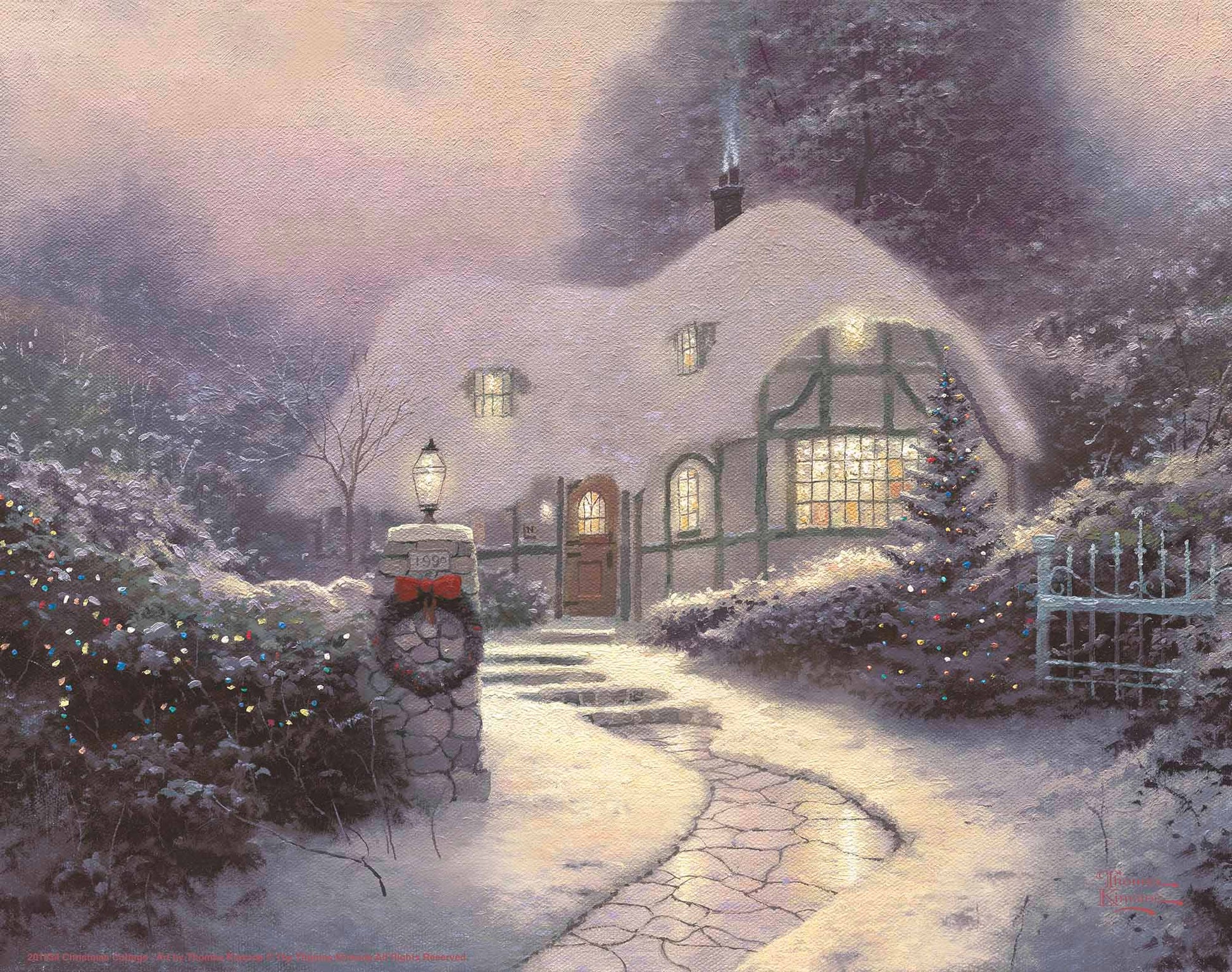 Painting of Christmas cottage with trees