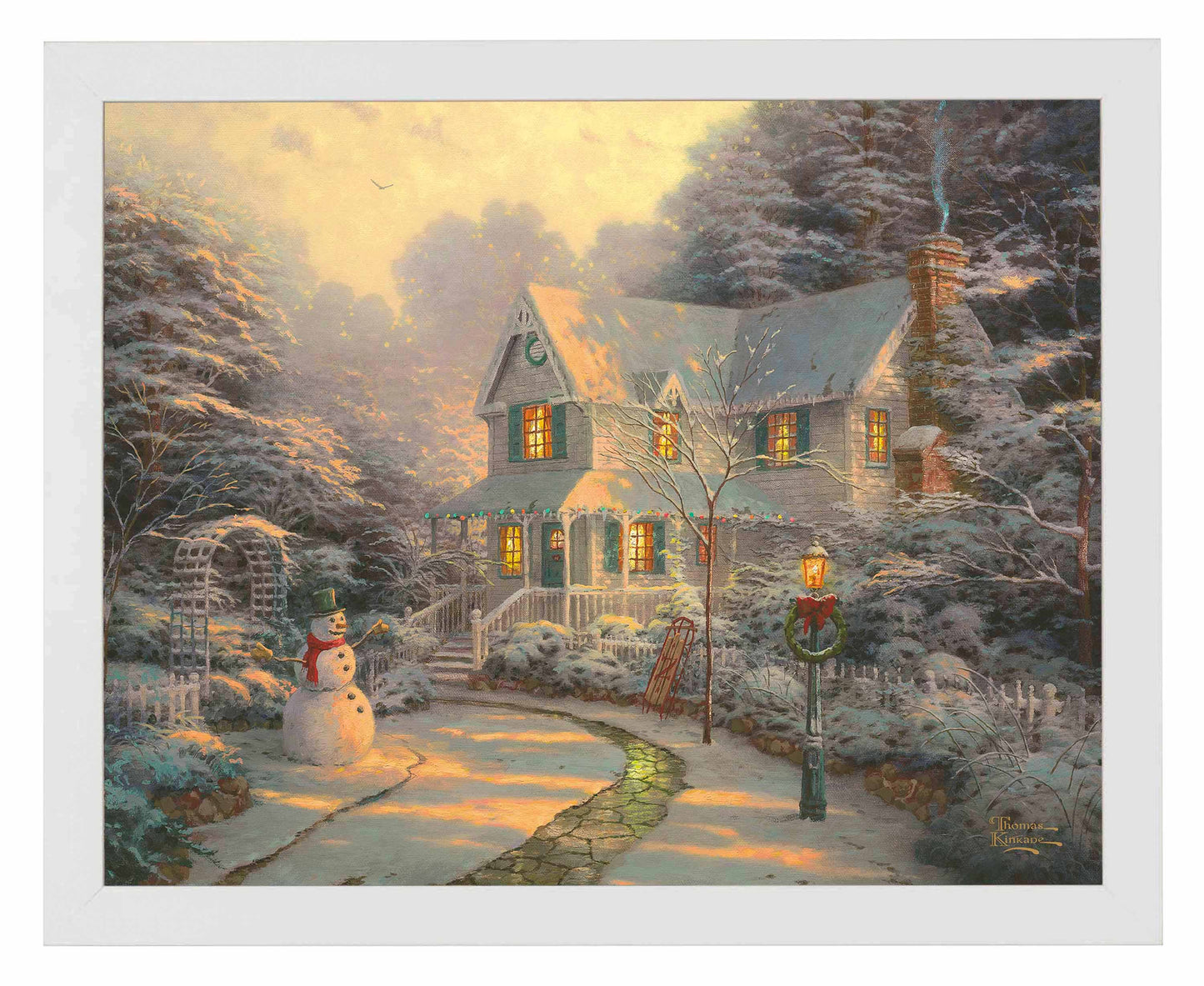 Framed painting of Christmas house with snowy trees