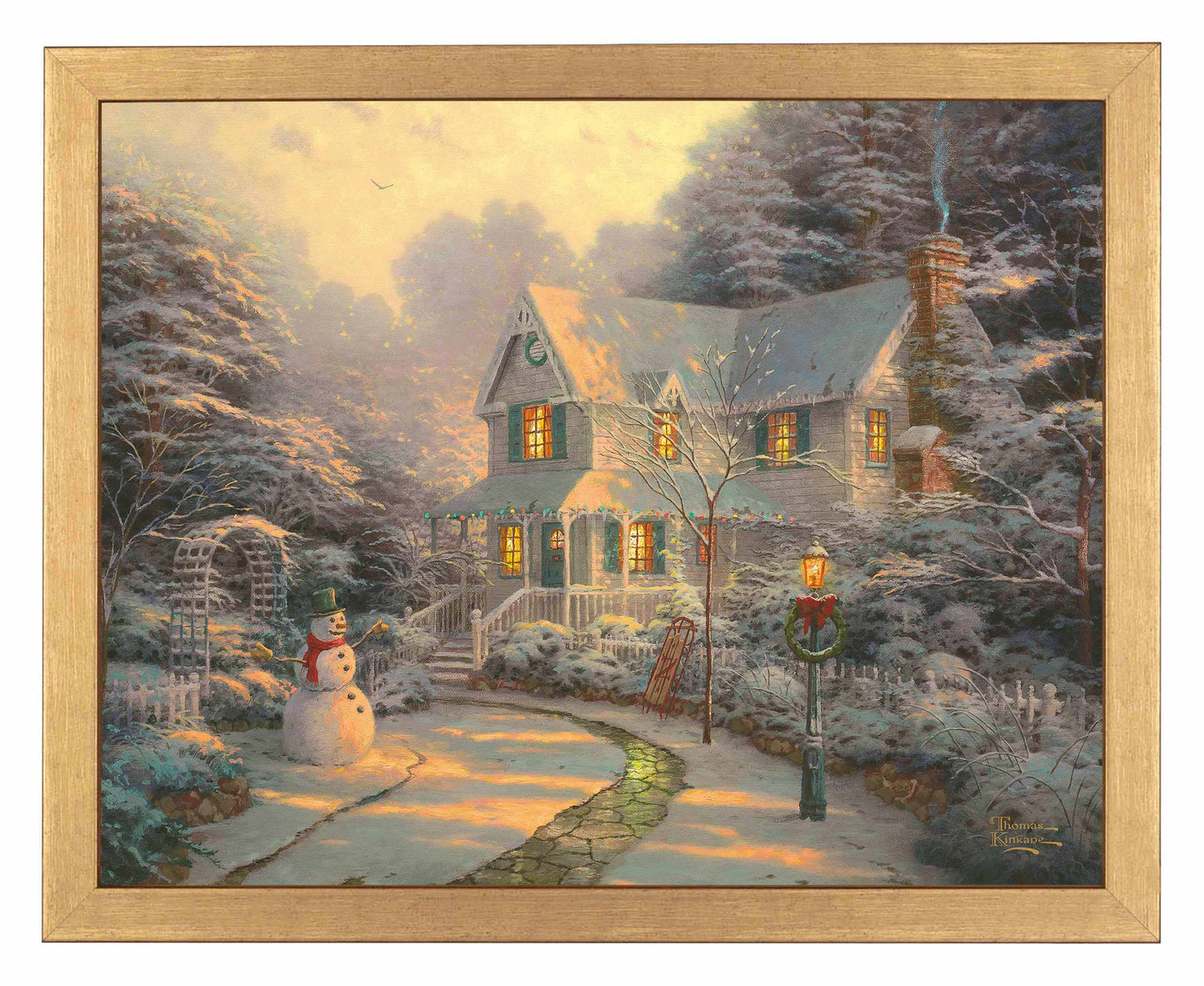 Framed painting of Christmas house with snowy trees
