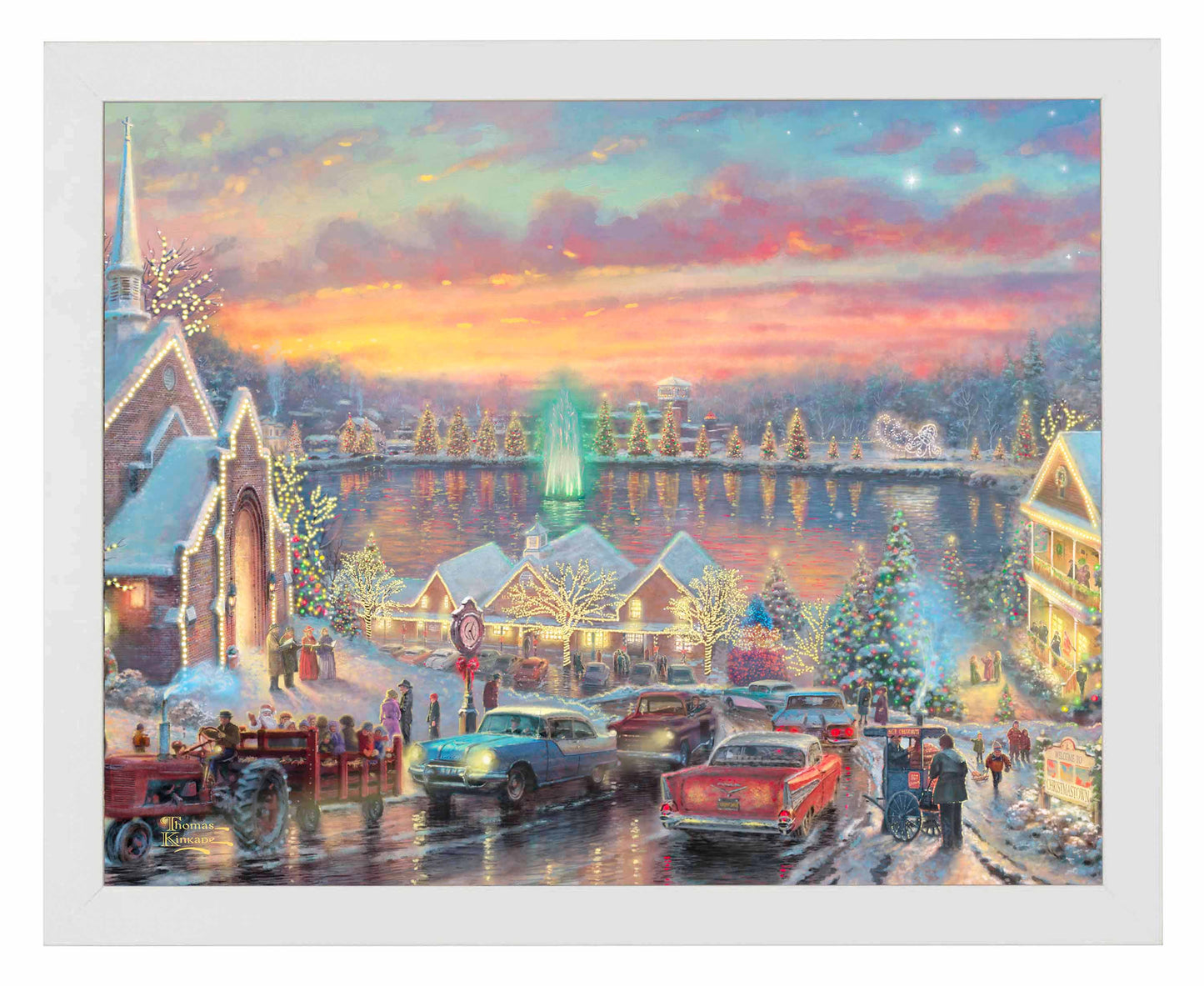 Framed painting of Christmas with vibrant lights of the city with a chapel, houses, people and cars all by the river