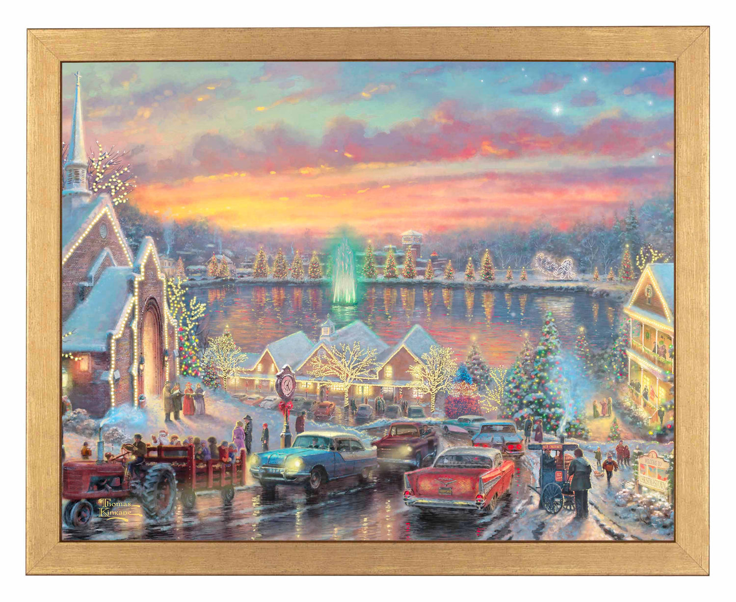 Framed painting of Christmas with vibrant lights of the city with a chapel, houses, people and cars all by the river