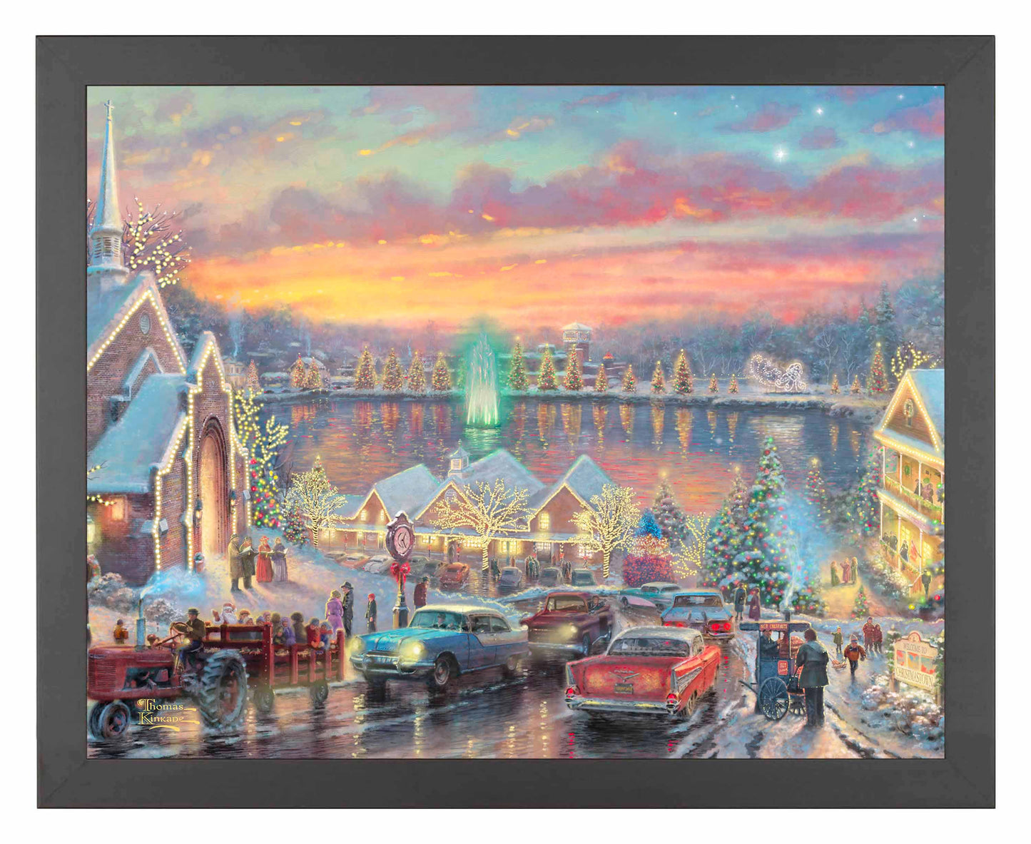 Framed painting of Christmas with vibrant lights of the city with a chapel, houses, people and cars all by the river