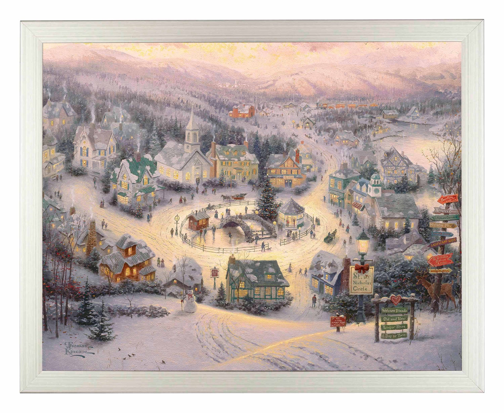 Framed painting of snowy village with houses and trees 
