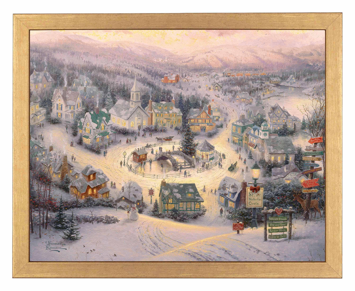 Framed painting of snowy village with houses and trees 