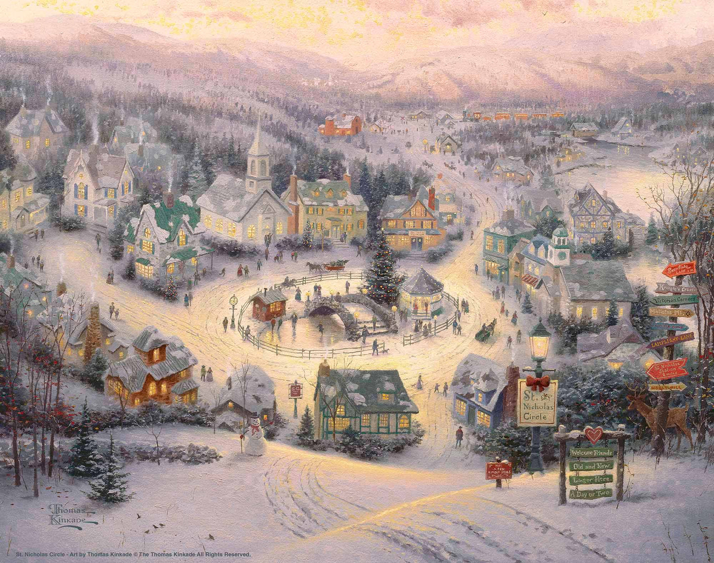Painting of snowy village with houses and trees 