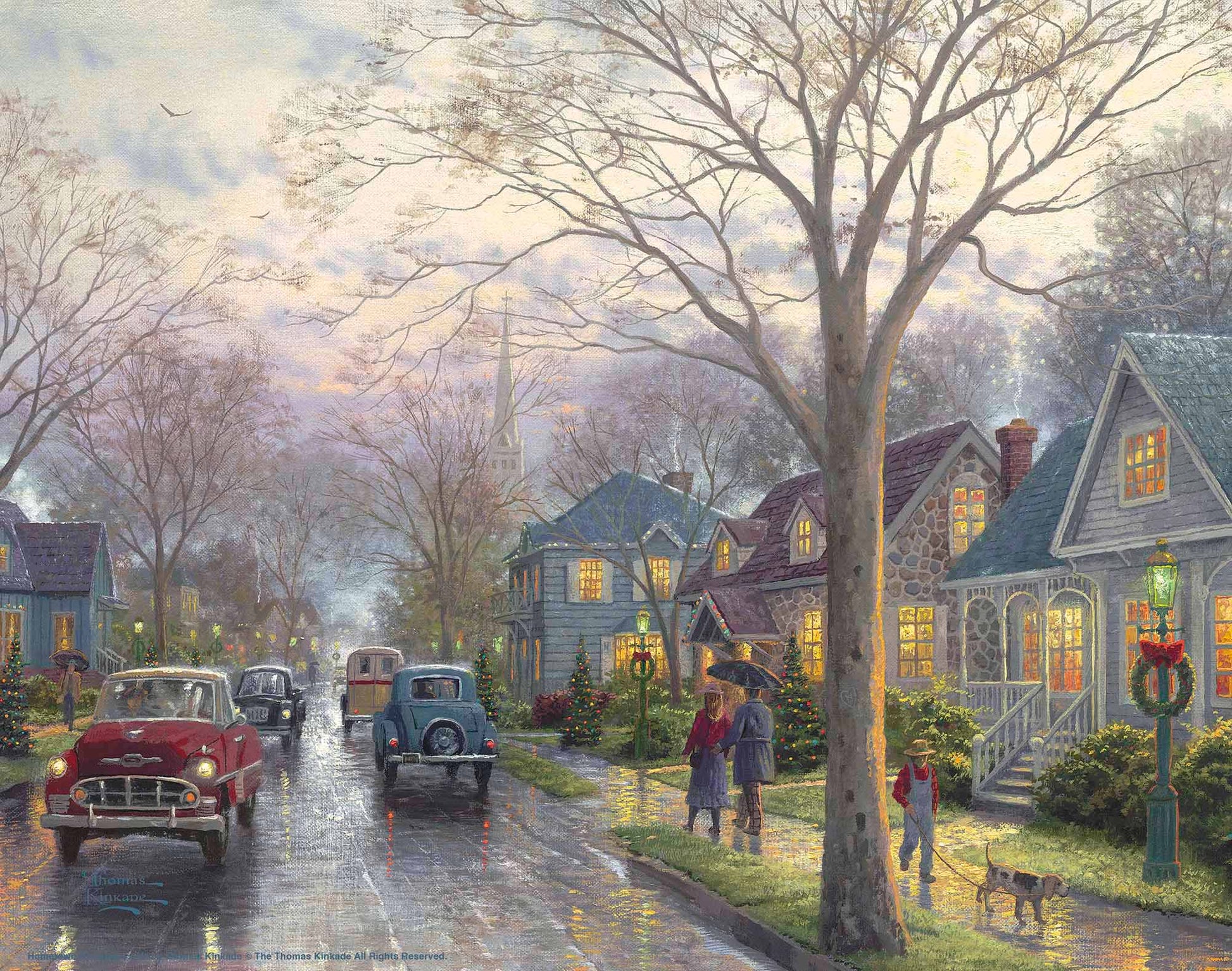 Painting of hometown Christmas with houses and cars on the street