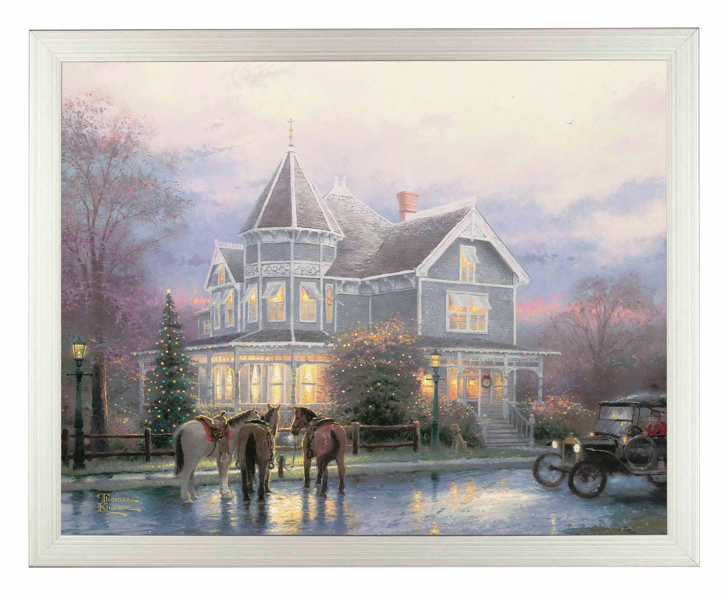 Framed painting of Christmas house with trees, horses and car around