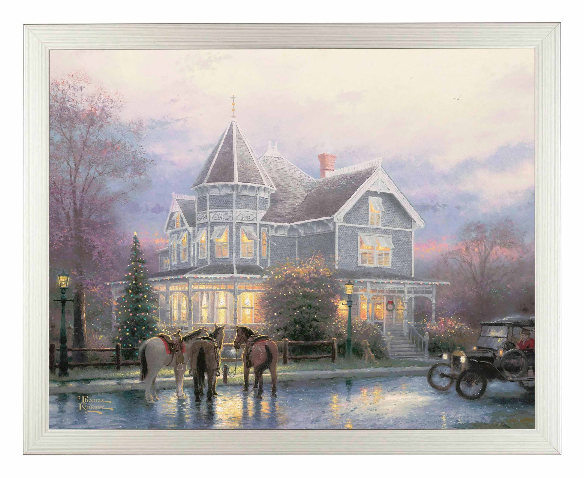 Framed painting of Christmas house with trees, horses and car around