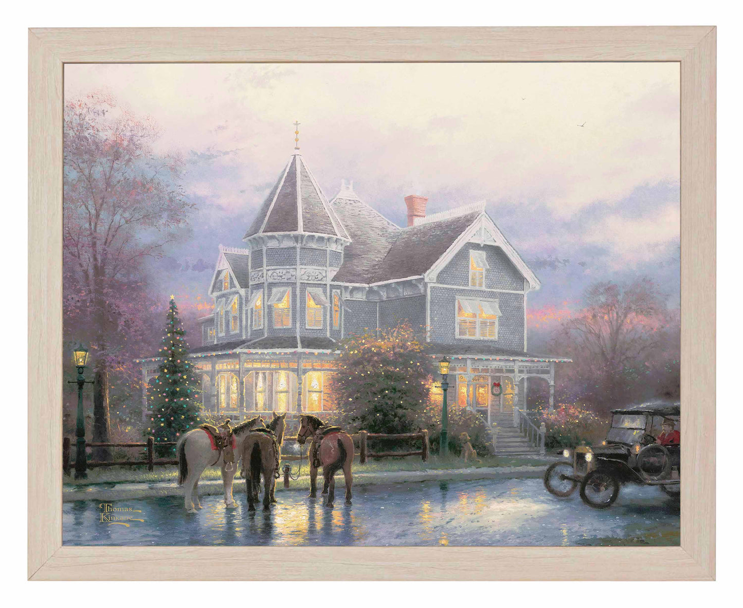Framed painting of Christmas house with trees, horses and car around