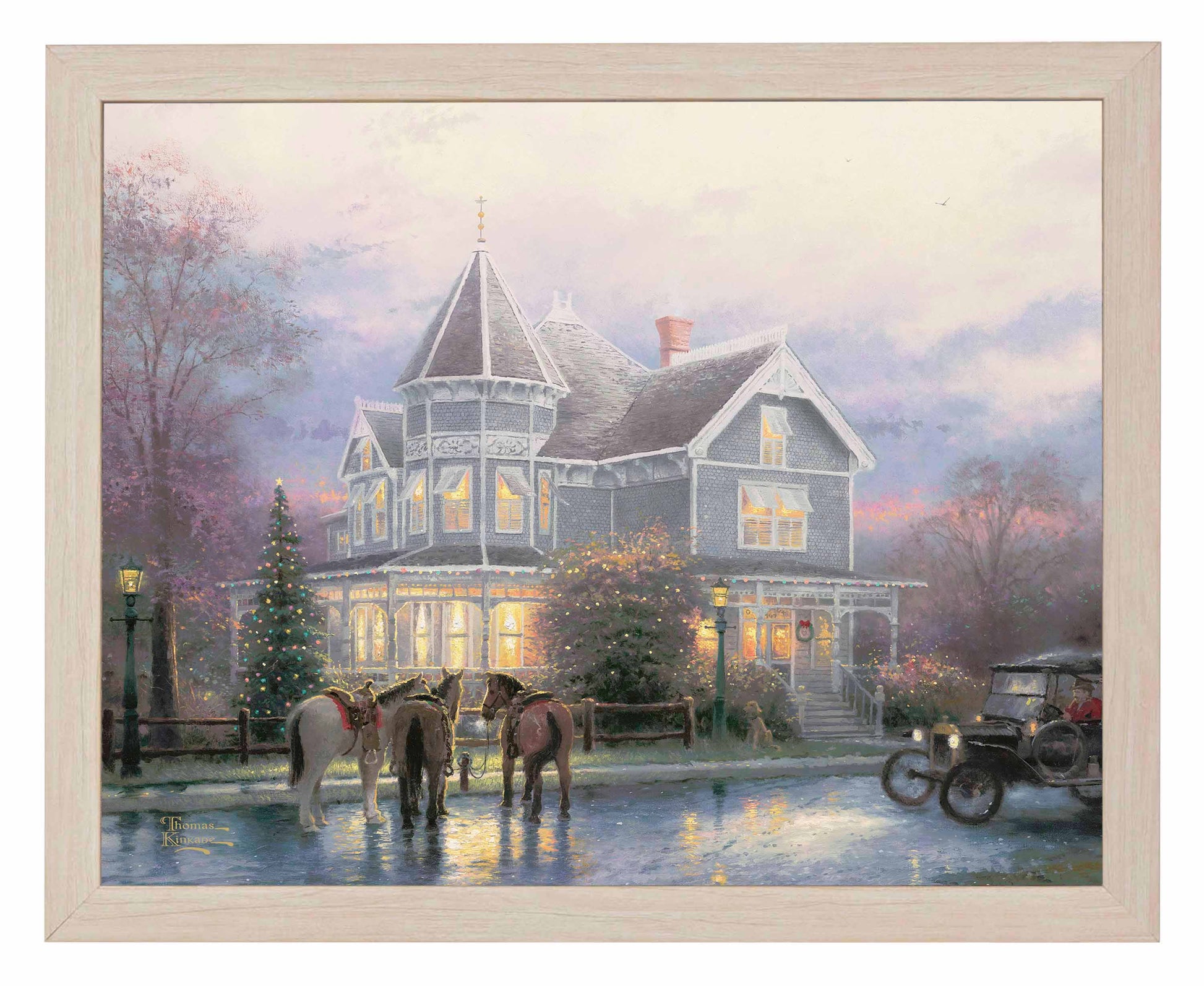 Framed painting of Christmas house with trees, horses and car around