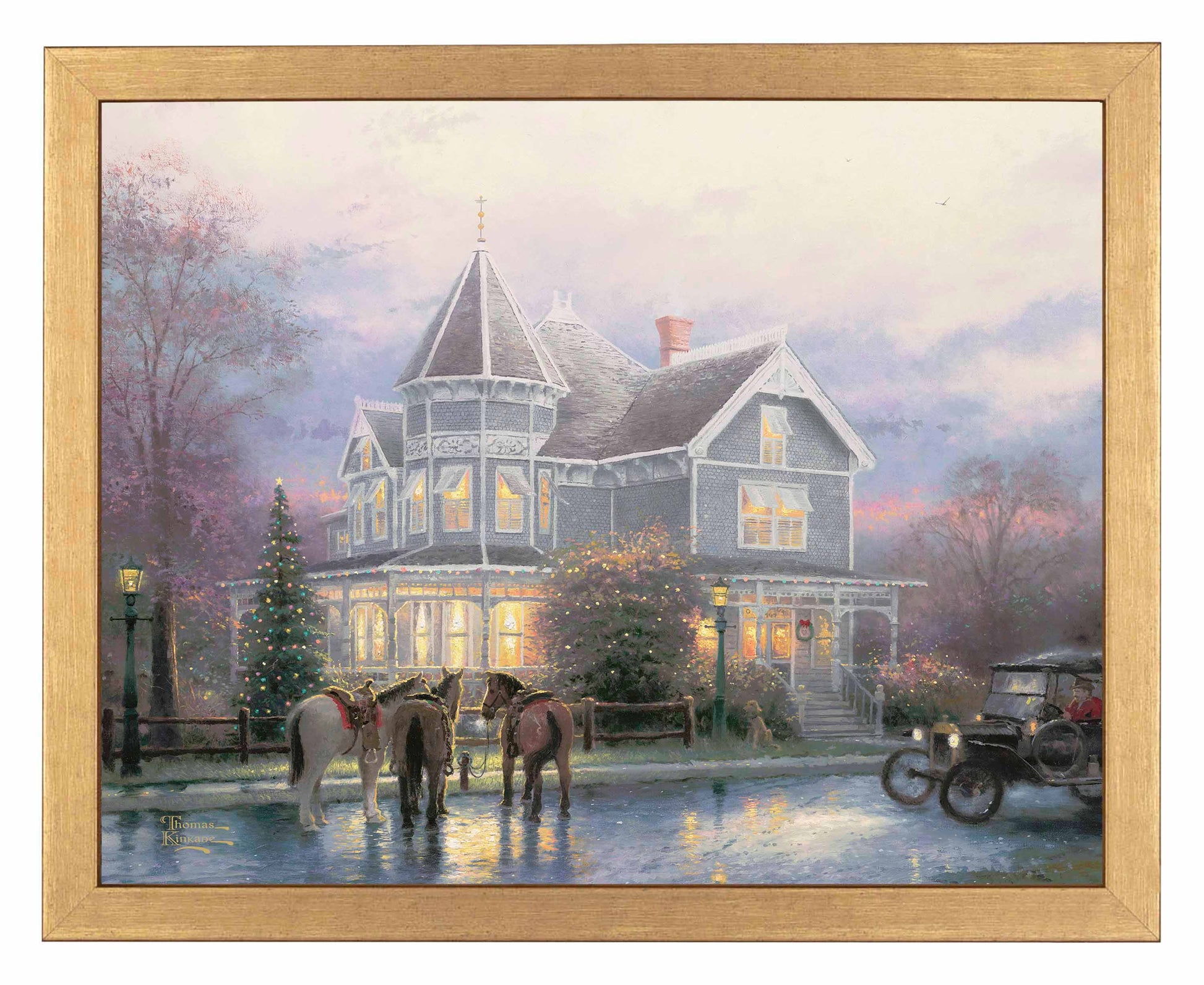 Framed painting of Christmas house with trees, horses and car around