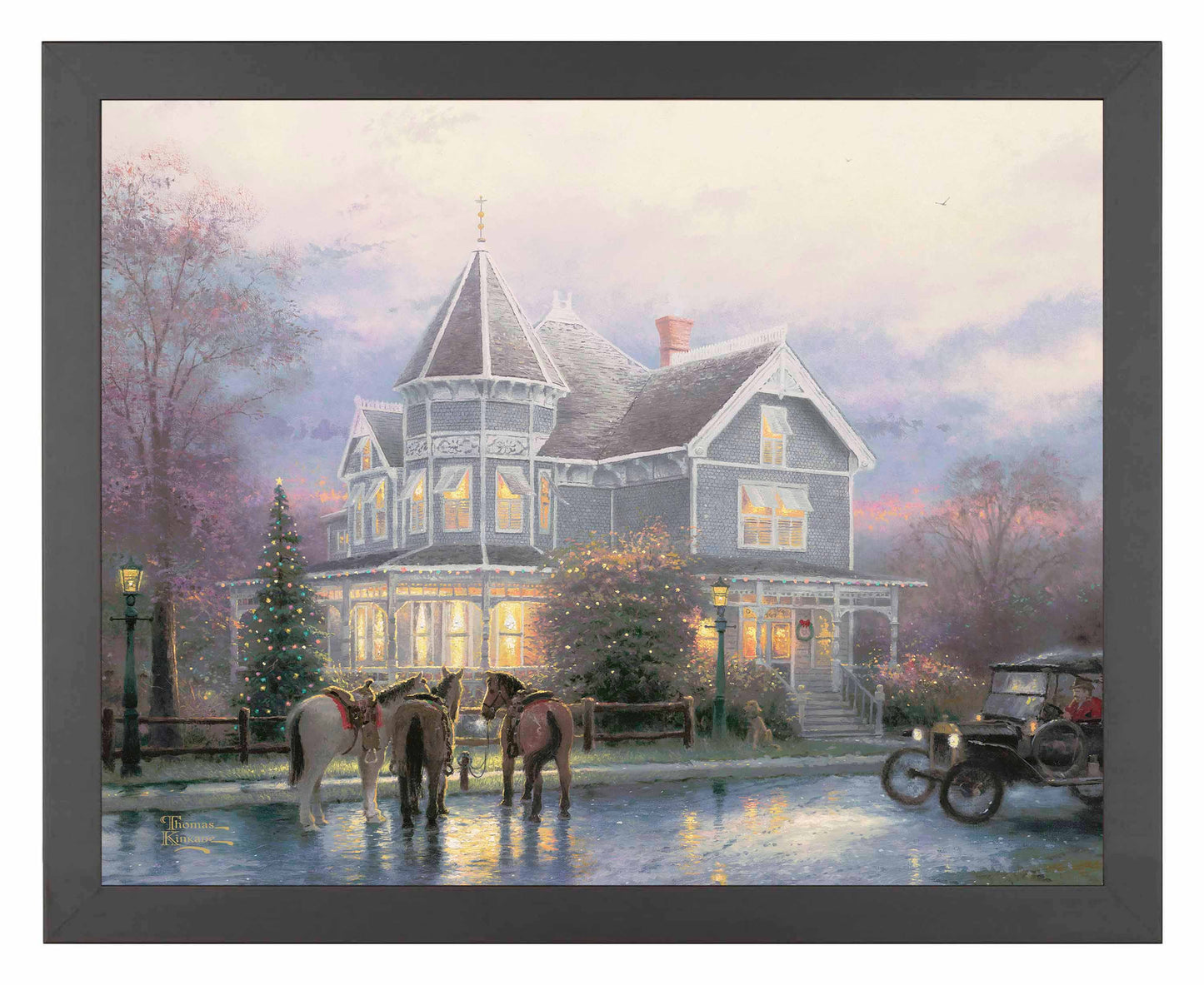 Framed painting of Christmas house with trees, horses and car around