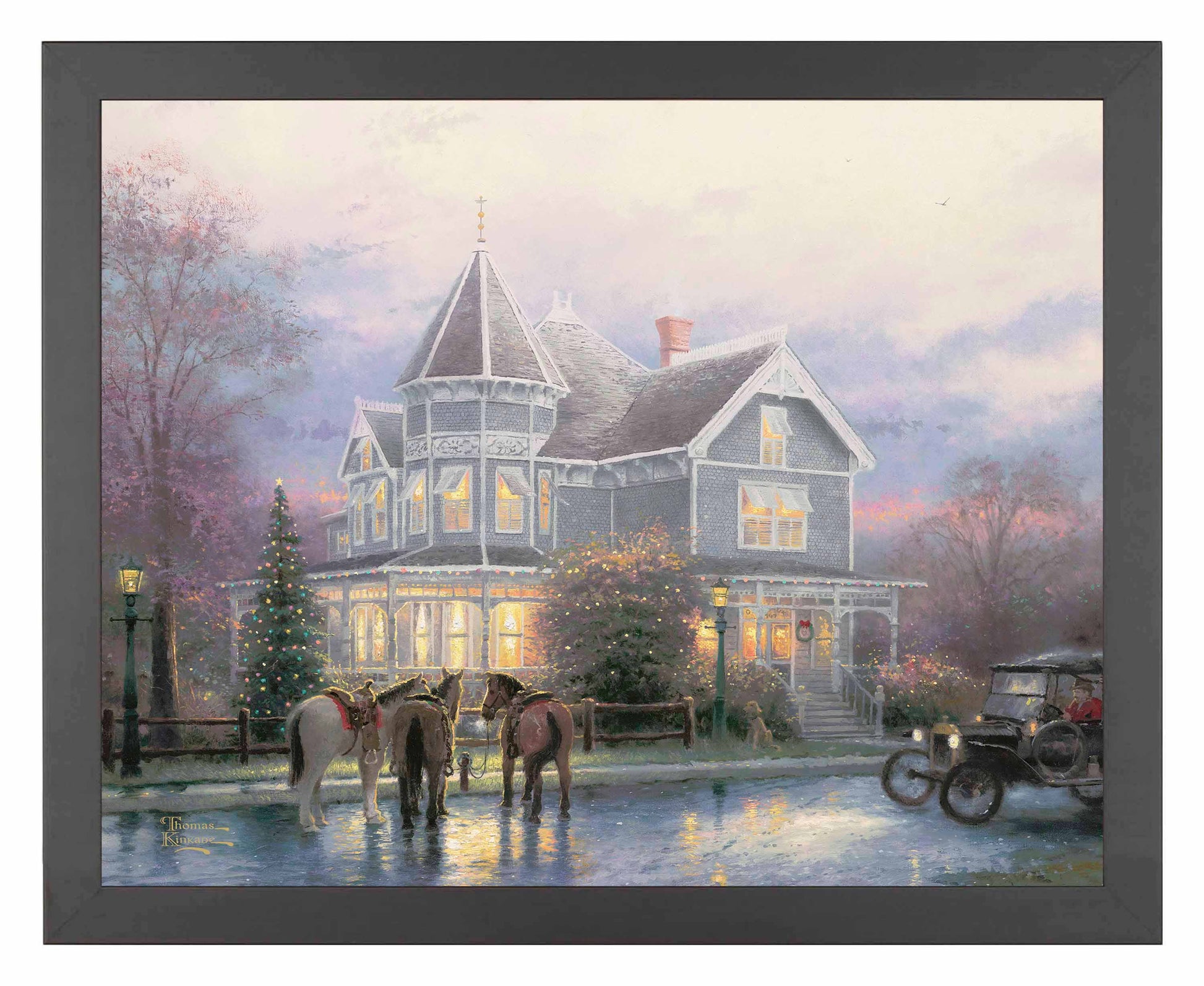 Framed painting of Christmas house with trees, horses and car around