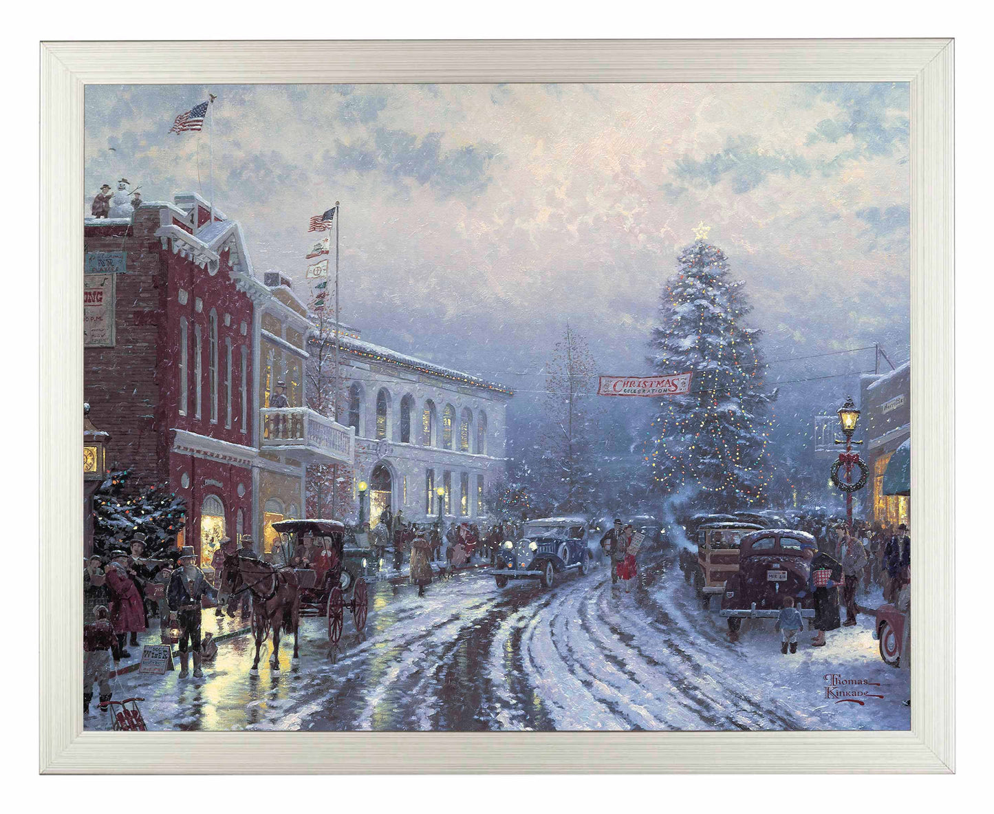 Framed painting of Christmas at the courthouse with people, horse carts and cars on the street