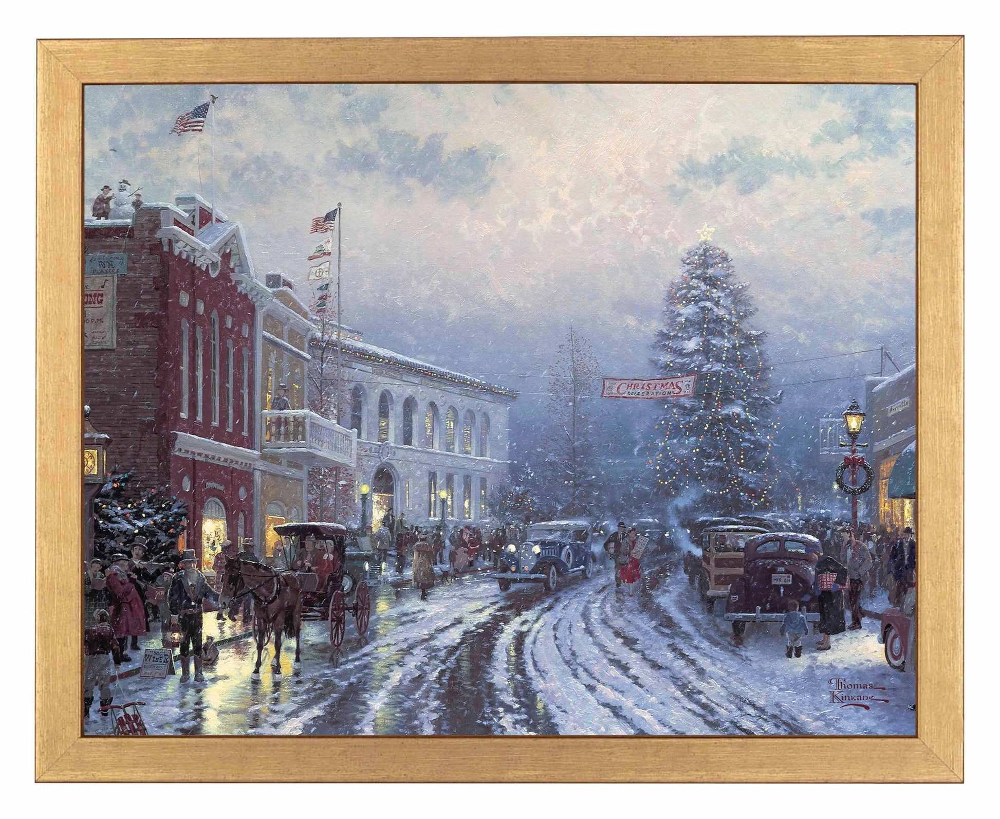 Framed painting of Christmas at the courthouse with people, horse carts and cars on the street