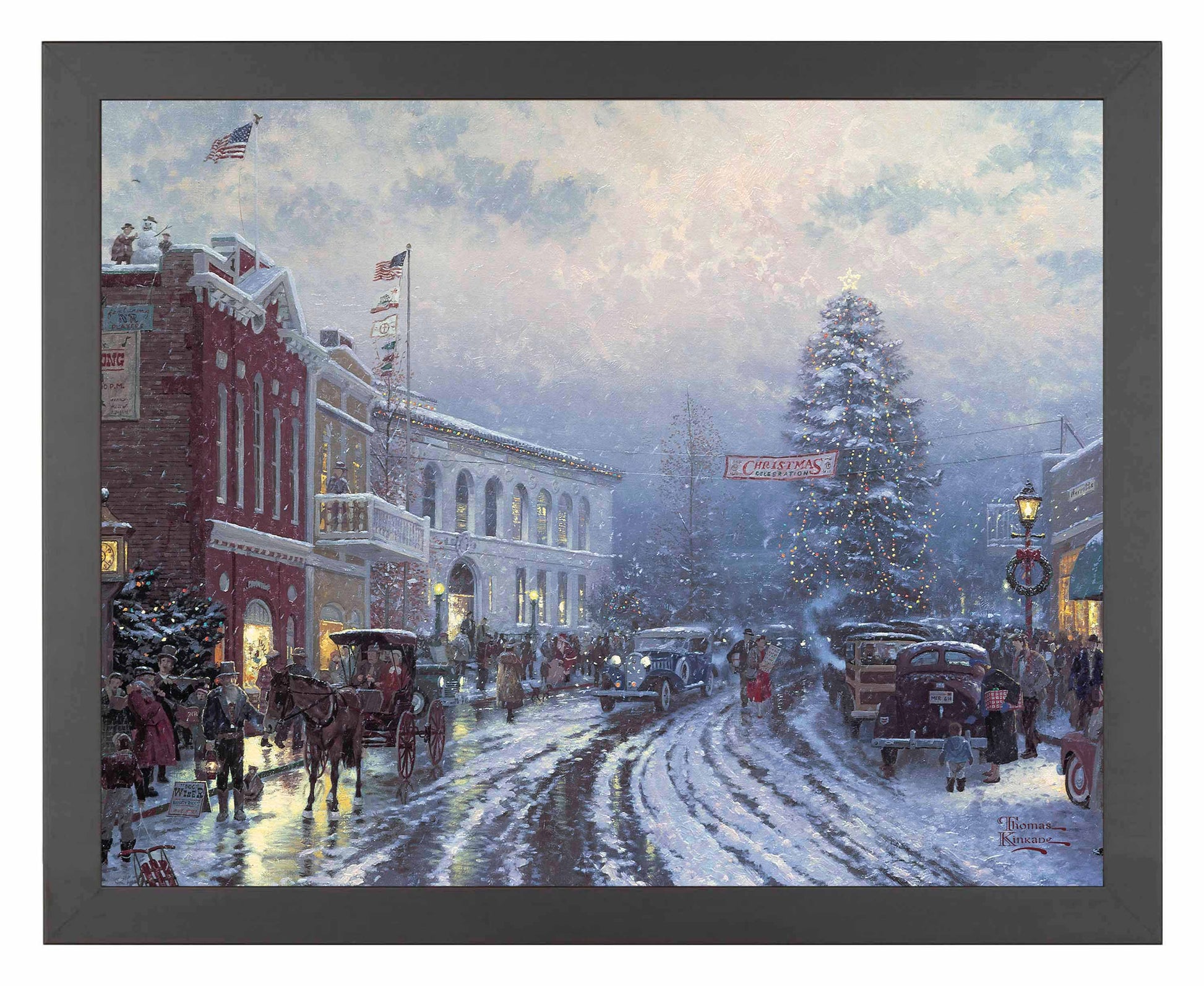 Framed painting of Christmas at the courthouse with people, horse carts and cars on the street