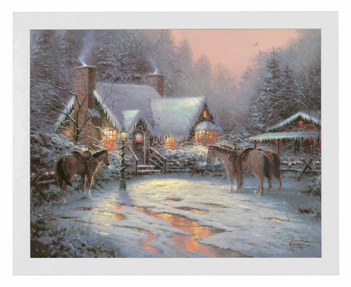 Framed painting of Christmas house with trees and horses 