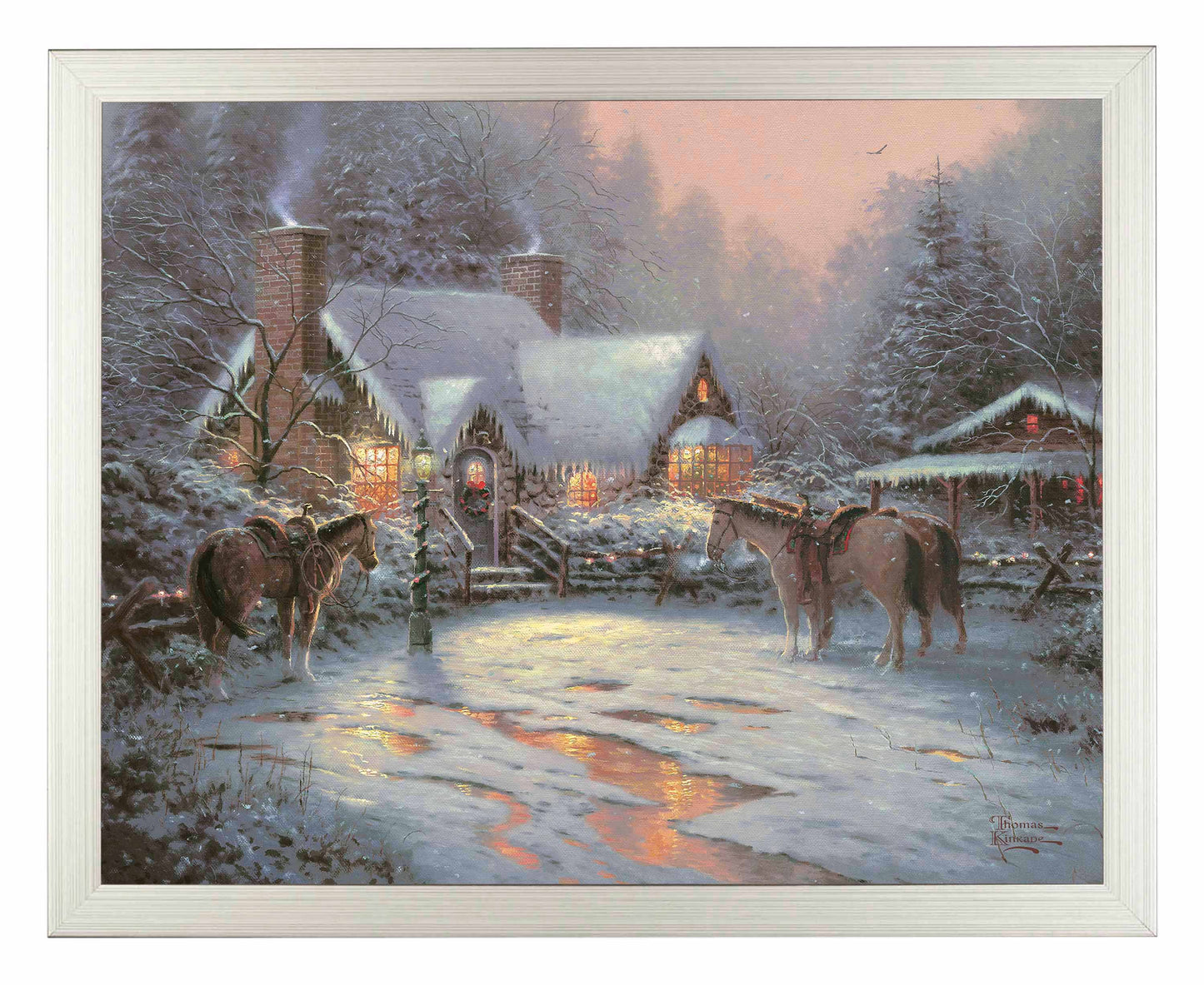 Framed painting of Christmas house with trees and horses 