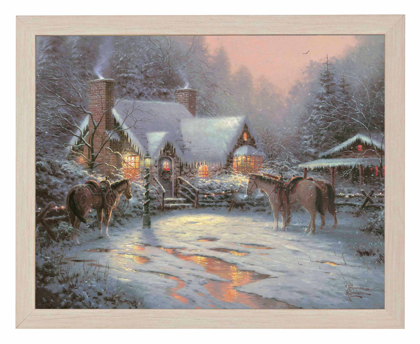 Framed painting of Christmas house with trees and horses 