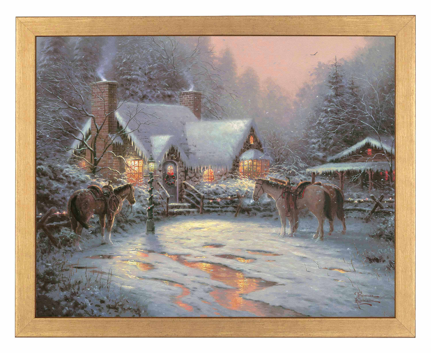 Framed painting of Christmas house with trees and horses 