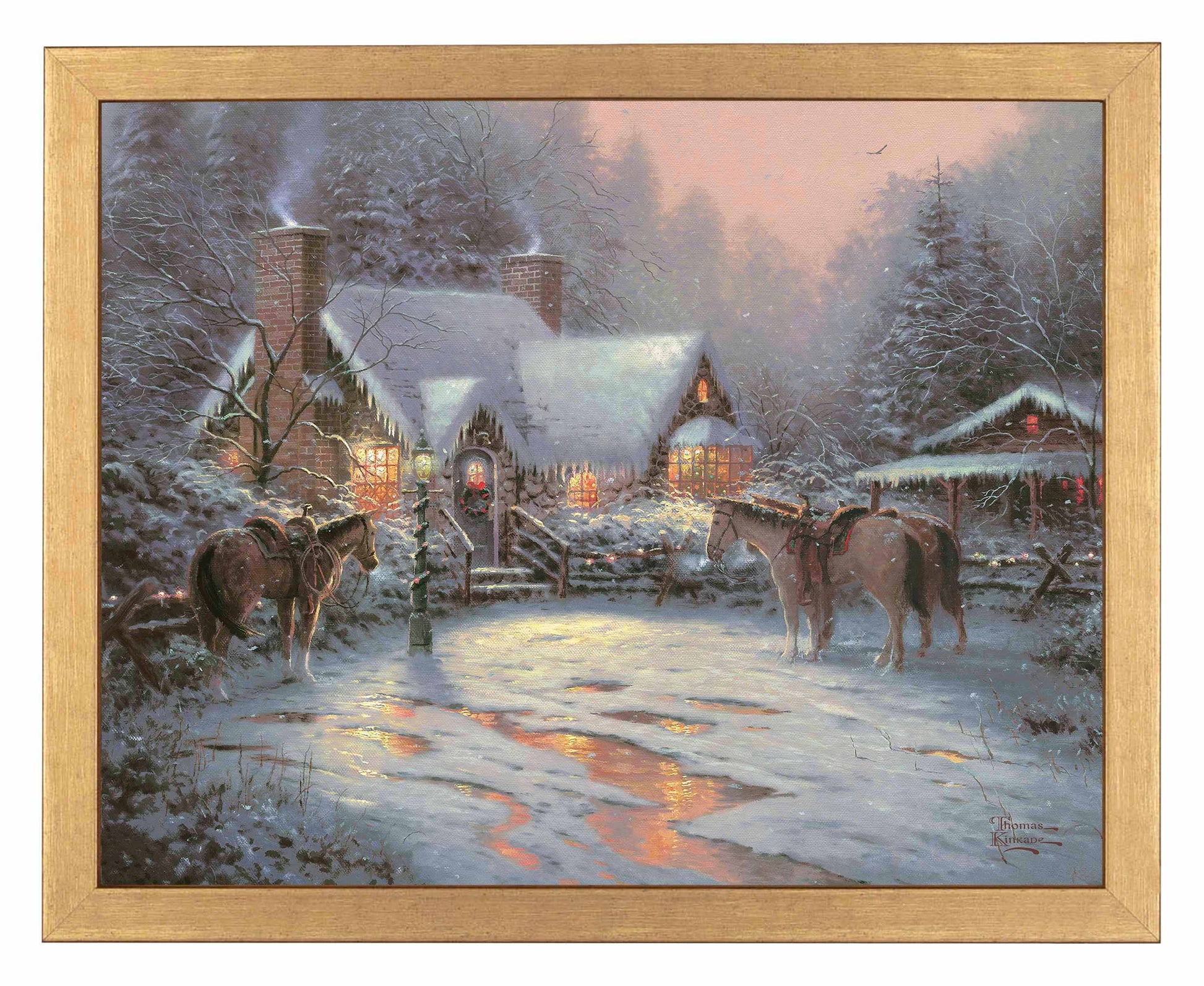 Framed painting of Christmas house with trees and horses 