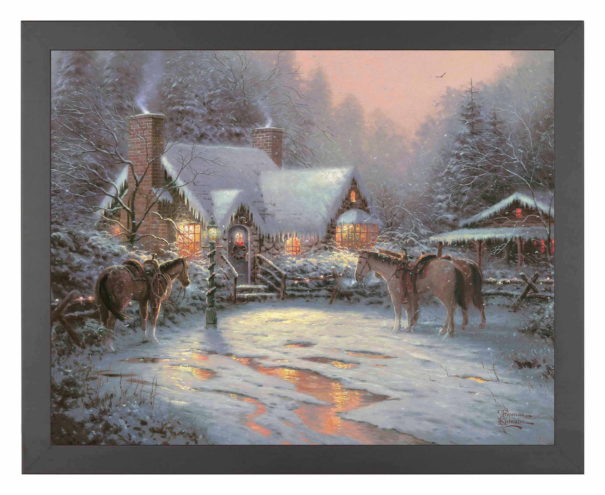Framed painting of Christmas house with trees and horses 