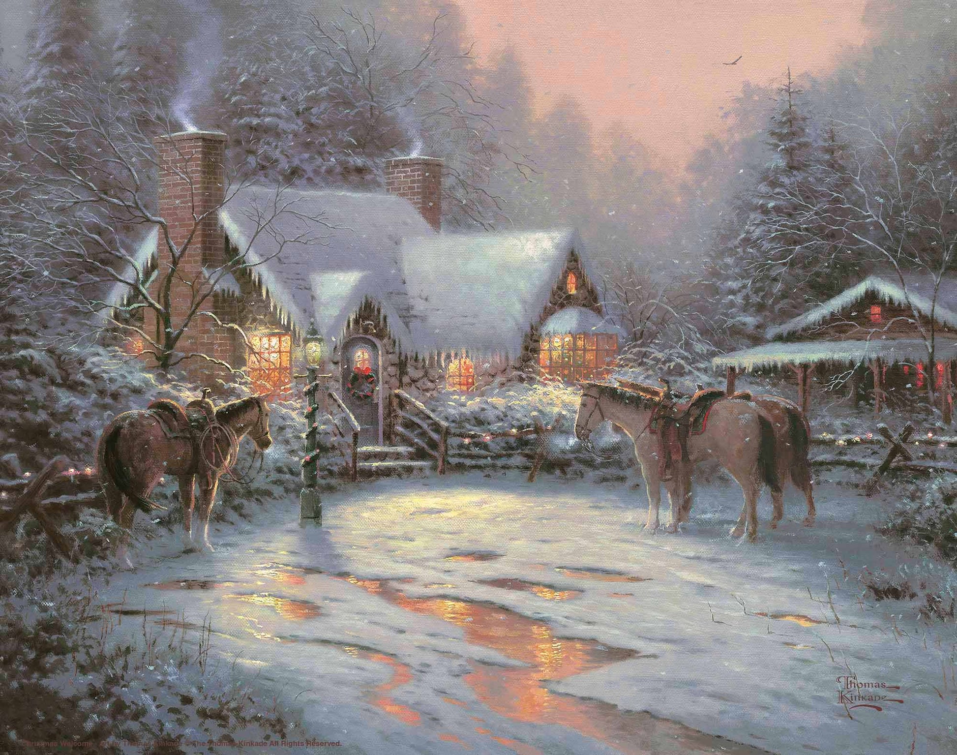 Painting of Christmas house with trees and horses 